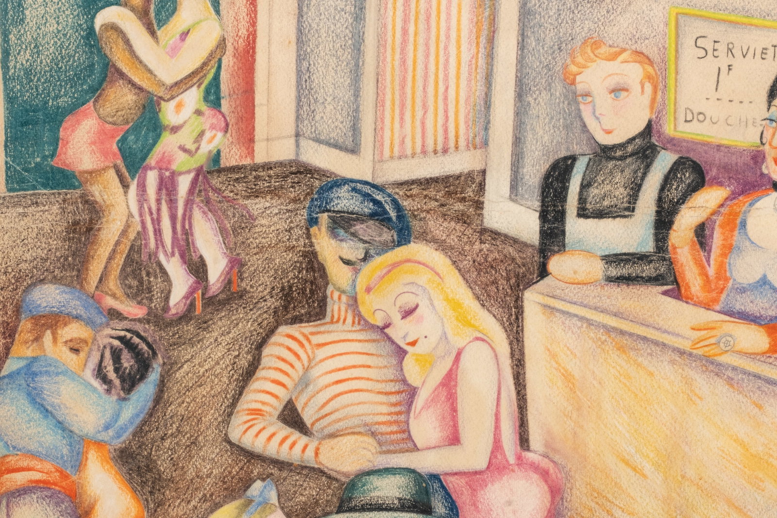 Circa 1930s Parisian Club Interior Colored Pencil Drawing / Painting, unsigned - 5