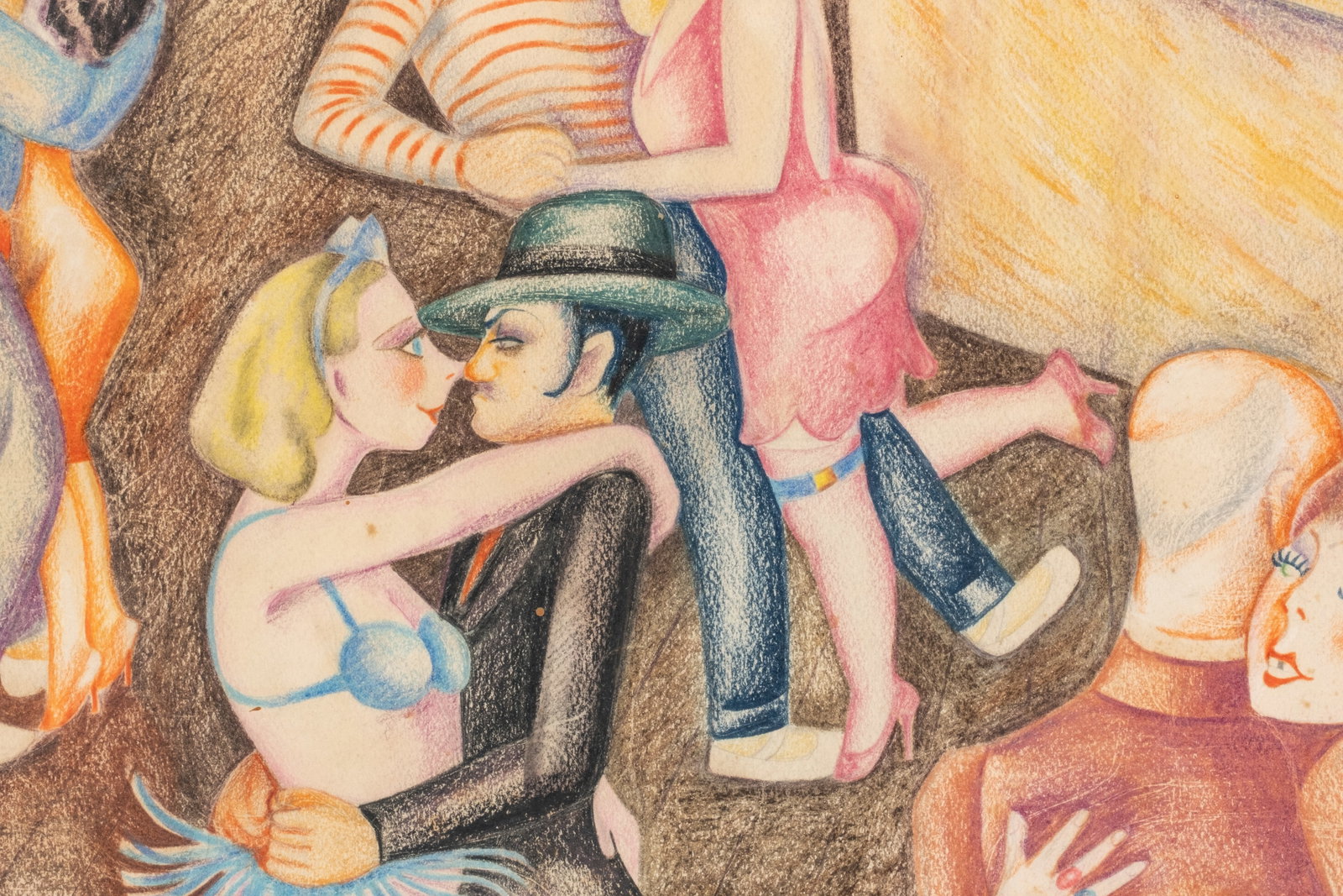 Circa 1930s Parisian Club Interior Colored Pencil Drawing / Painting, unsigned - 6