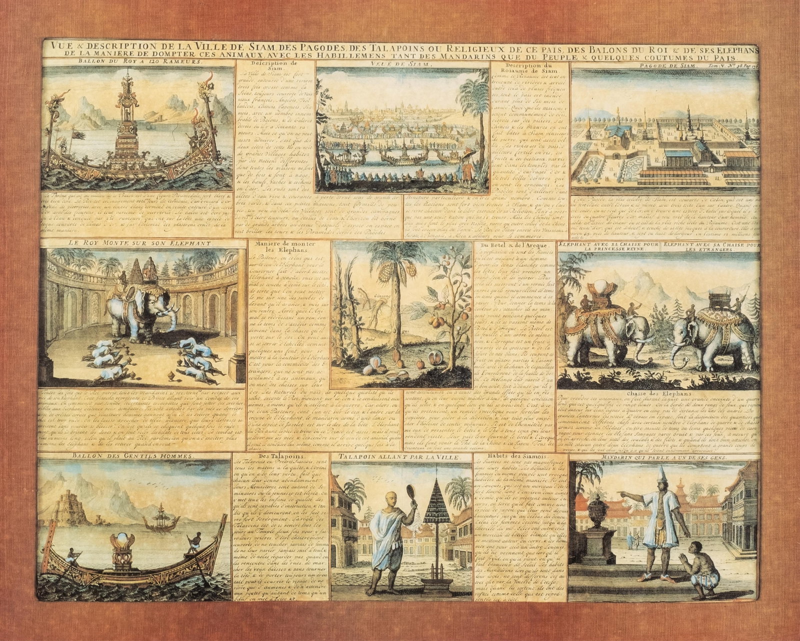 No Reserve: French 18th Century Hand-Colored Engravings Mounted Together, 'La Ville de Siam': Keywords: Thailand view, royal barges, pagodas and temples, Asian port city, travel illustration, ethnographic vignettes, costume studies, historical print, decorative wall art, flora Summary: Indochi