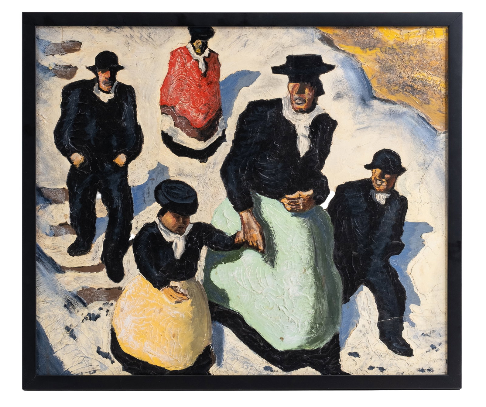 Alfons Walde 'Kirchgang' Oil on Board Painting dating to early 20th century.: Keywords: Alpine Figures, Churchgoers, Impasto, Folk Costume, Expressionism, Figurative Art, Winter Scene, European Art Authentometer: A9* Summary: Alfons Walde, oil on board painting based on the Aus