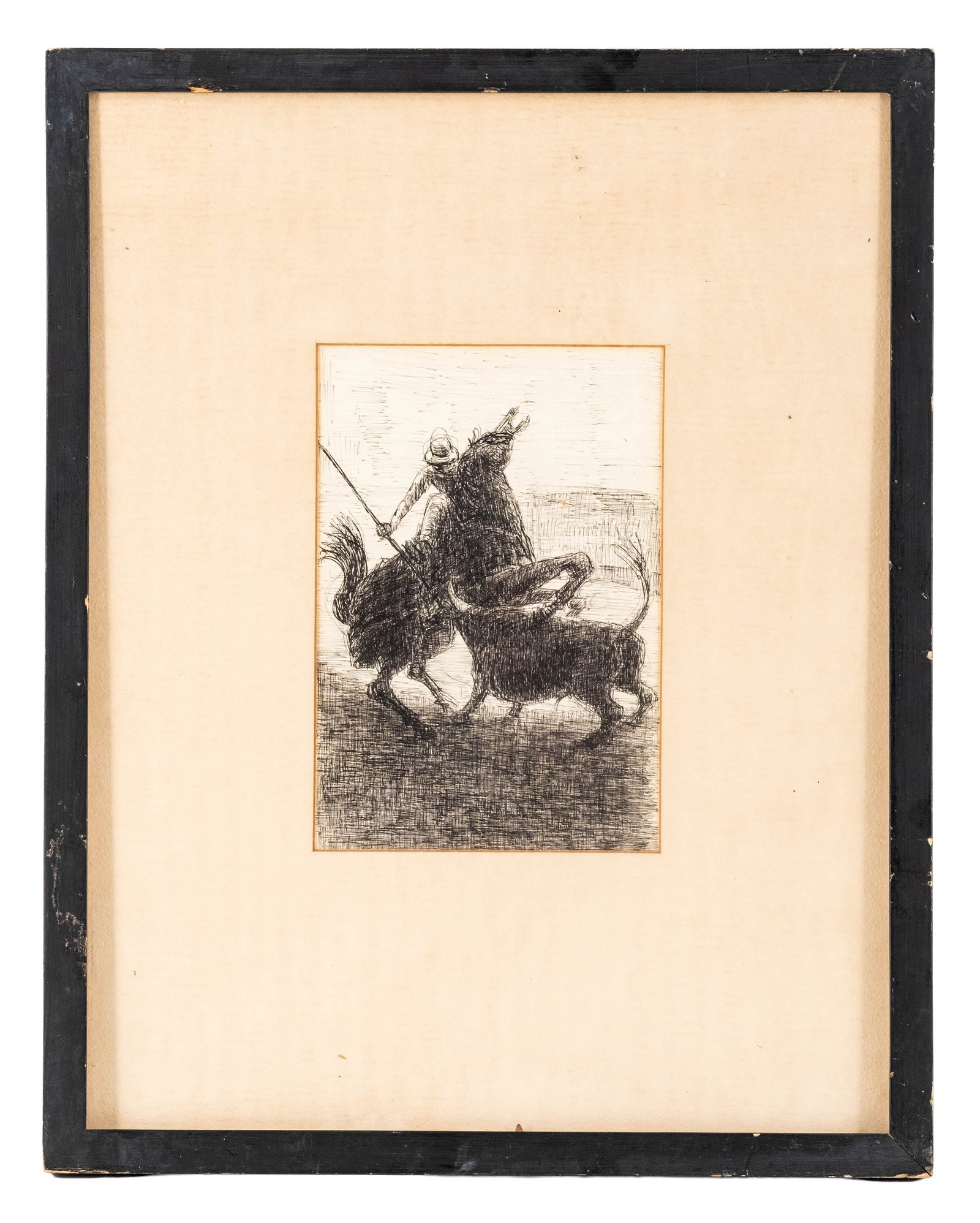 No Reserve: Mid-20th Century Spanish Bullfighting Pen & Ink Drawing: Keywords: Spanish Art, Bullfighting, Bullfighter, Picador, Matador, Bull, Equestrian Art, Horse, Figurative Art, Pen And Ink, Ink Drawing, Cross Hatching, Sporting Art, Works On Paper, Mid-Century Sum
