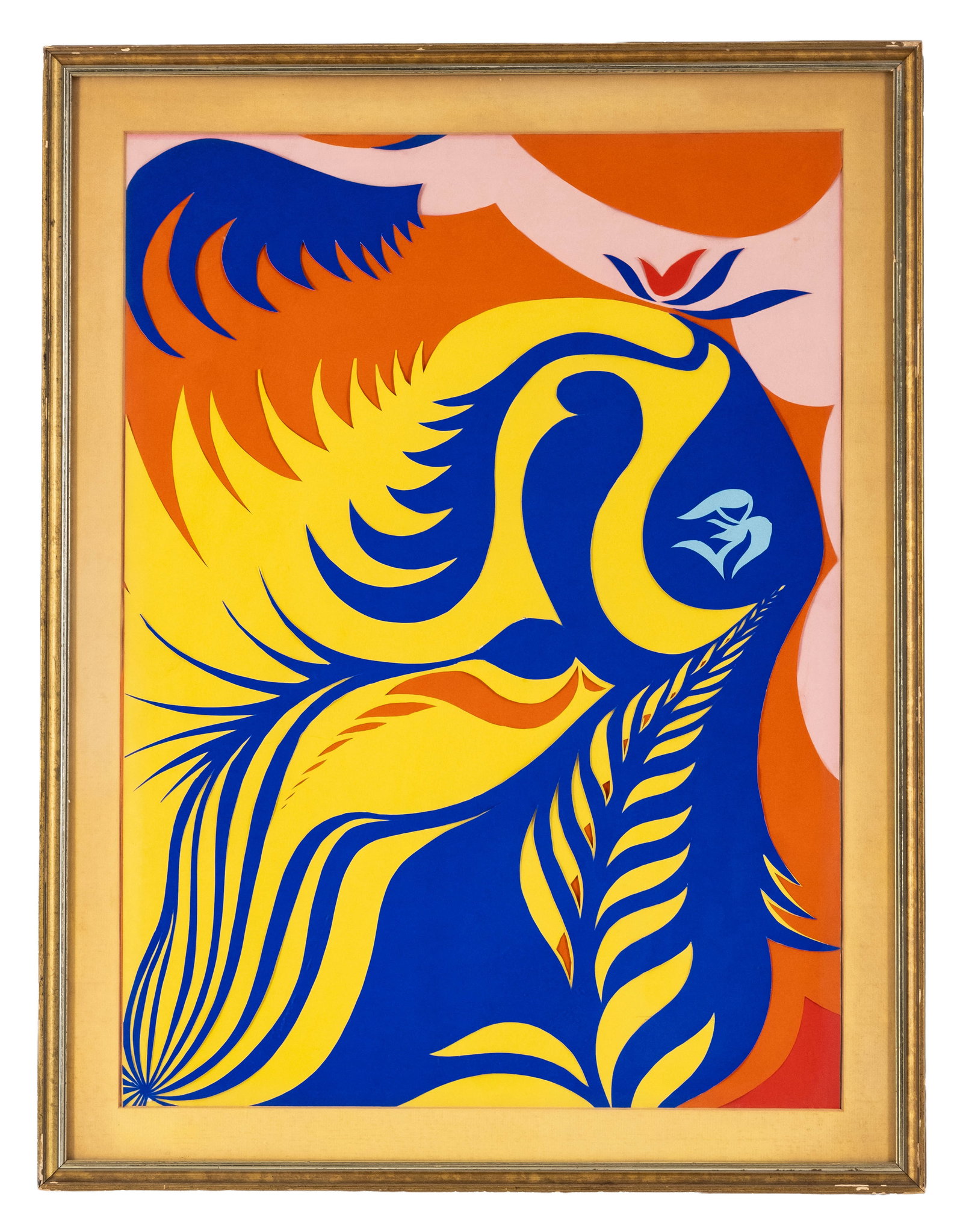 No Reserve: Jean Cocteau style, Mid-Century Modern Abstract Figural Collage Painting: Keywords: Mid-Century Modern, Modernist, Abstract Art, Figural Abstraction, Collage, Cut Paper, Biomorphic, Organic Forms, Fauvist, Matisse Style, Color Field, Modern Art, Figurative Art, Vintage Art,