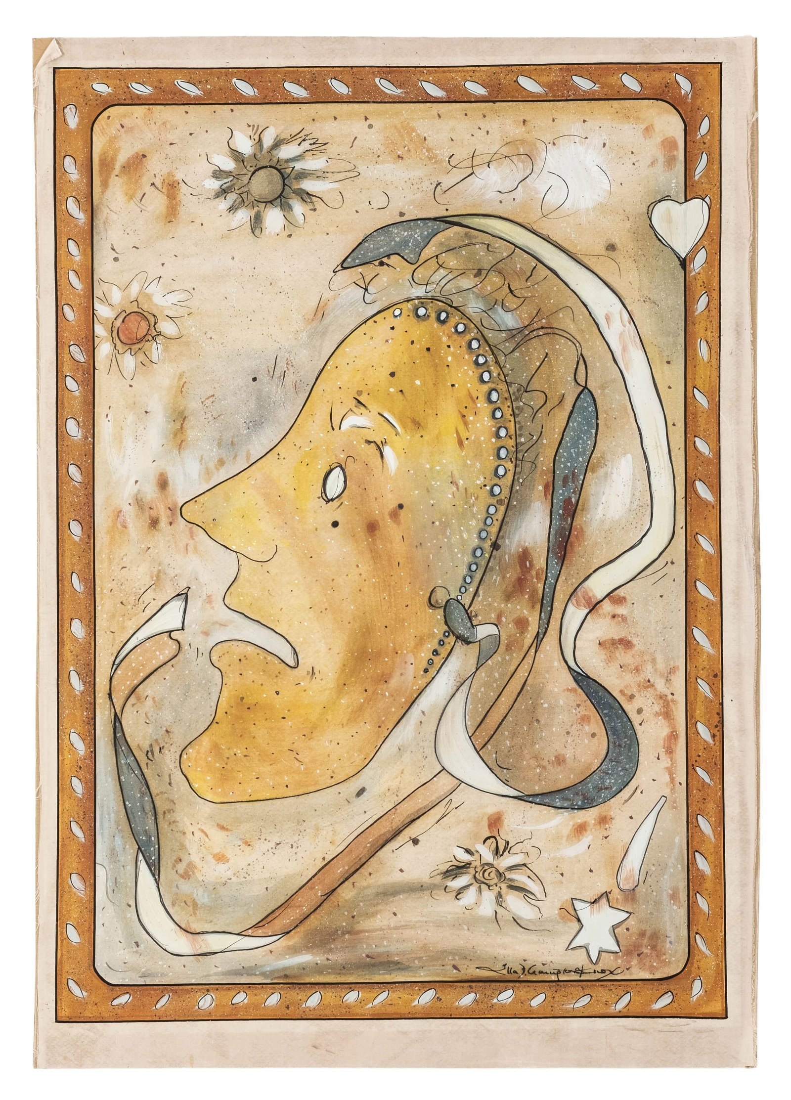 No Reserve: Signed Mystery Artist Modernist Figurative Gouache Painting: Keywords: Modernist, Figurative Art, Female Profile, Surrealism, Abstract Figuration, Gouache, Mixed Media, Works on Paper, Decorative Art, Mystery Artist, 20th Century Summary: Mystery Artist Picabia
