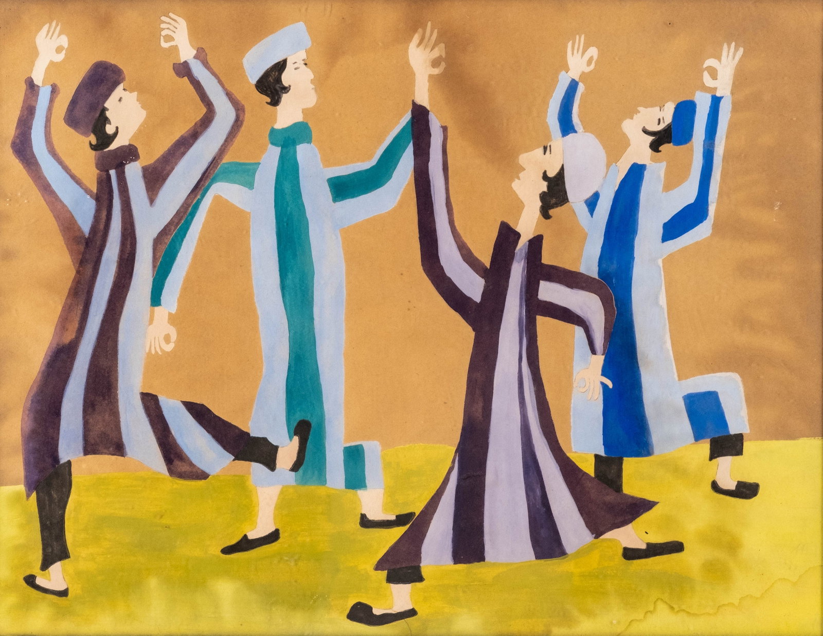 No Reserve: Modernist Gouache of Dancing Hasidic Figures - 2