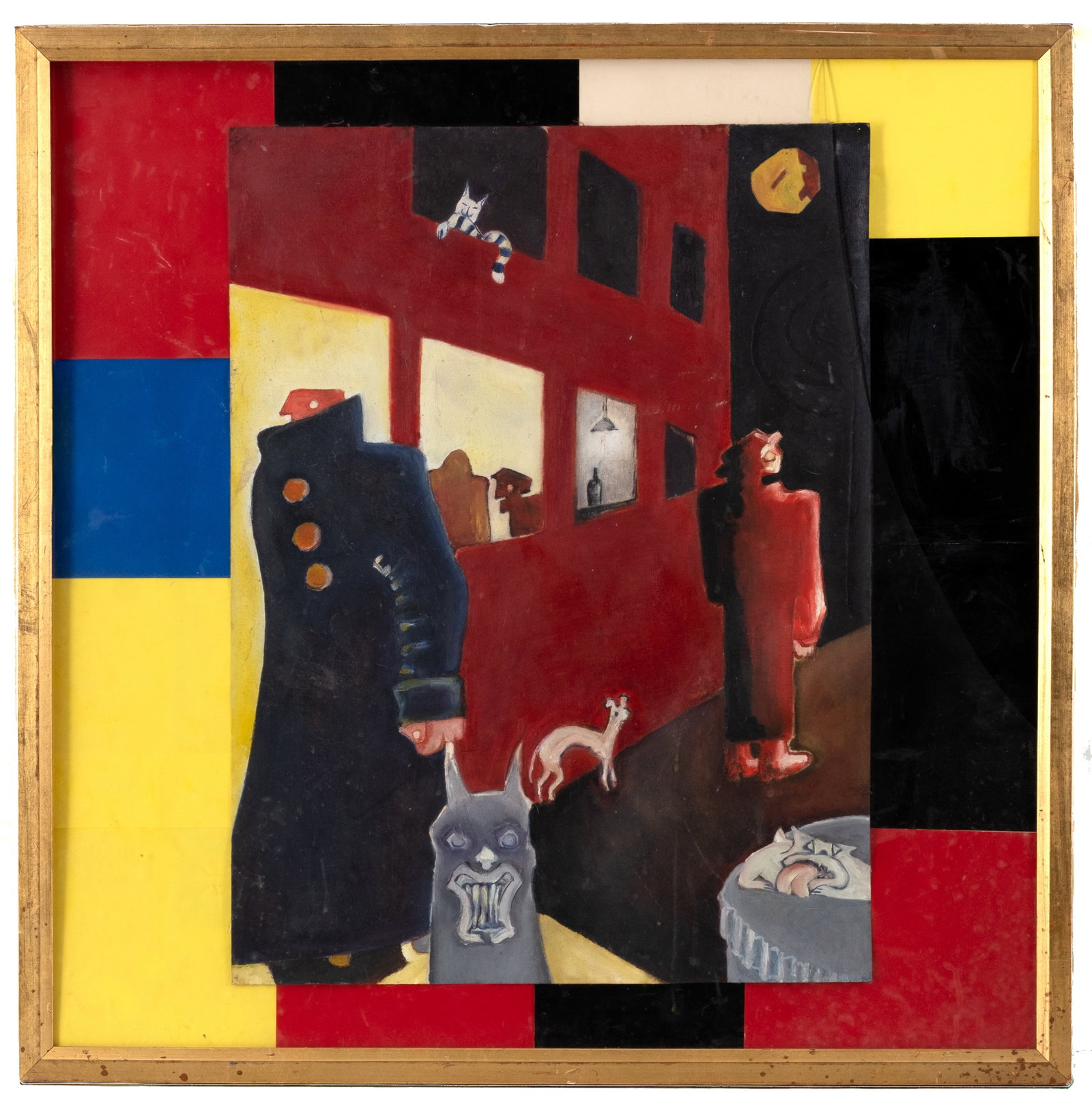 No Reserve: Mystery Artist: Social Surrealist Figurative Oil Painting with Dogs: Keywords: Social Surrealism, Surrealism, Expressionism, Figurative Art, Modern Art, Outsider Art, Narrative Painting, Psychological Art, Urban Scene, Dogs, Isolation, Anxiety, Symbolism, Geometric Abs