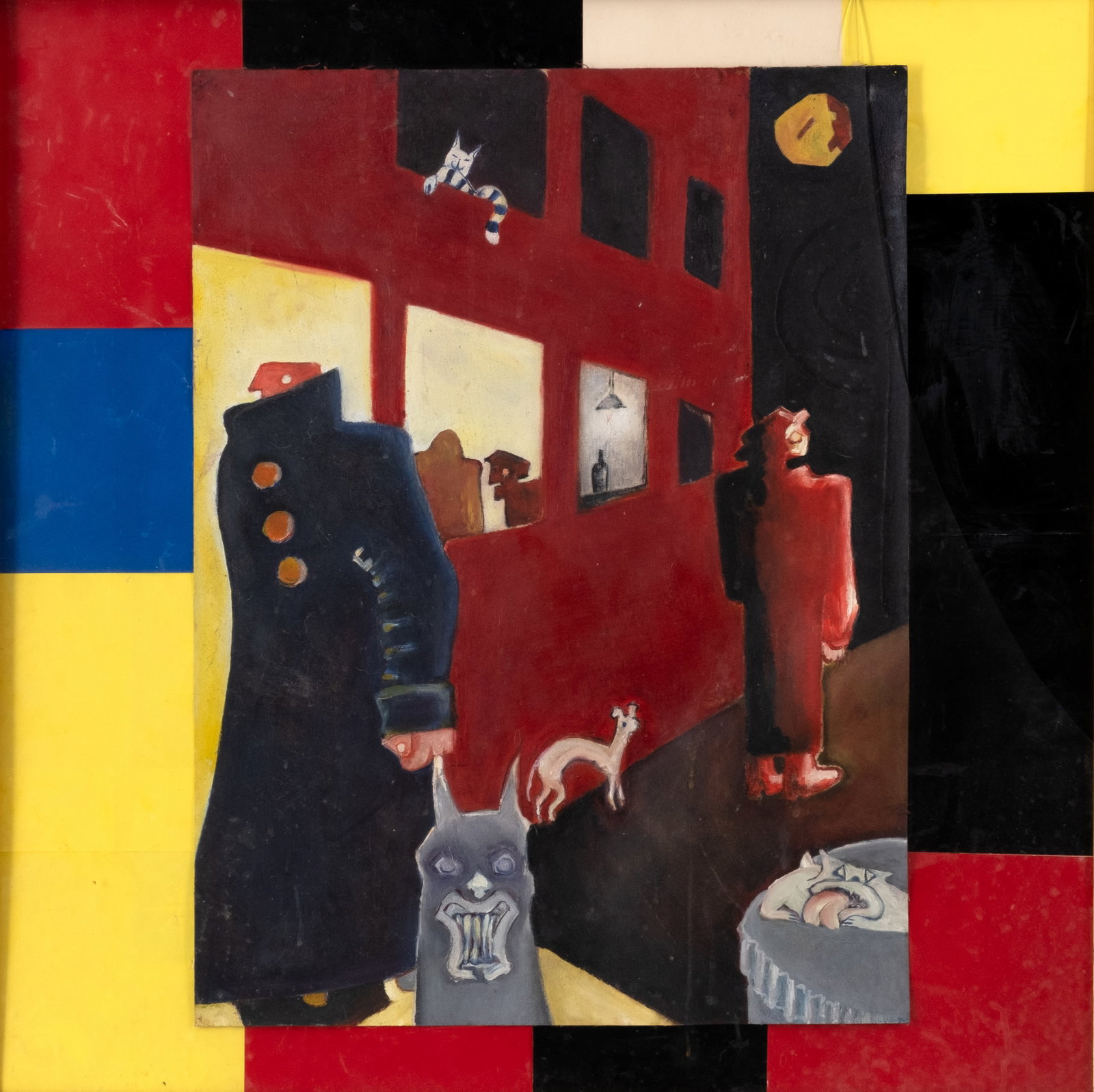 No Reserve: Mystery Artist: Social Surrealist Figurative Oil Painting with Dogs - 2