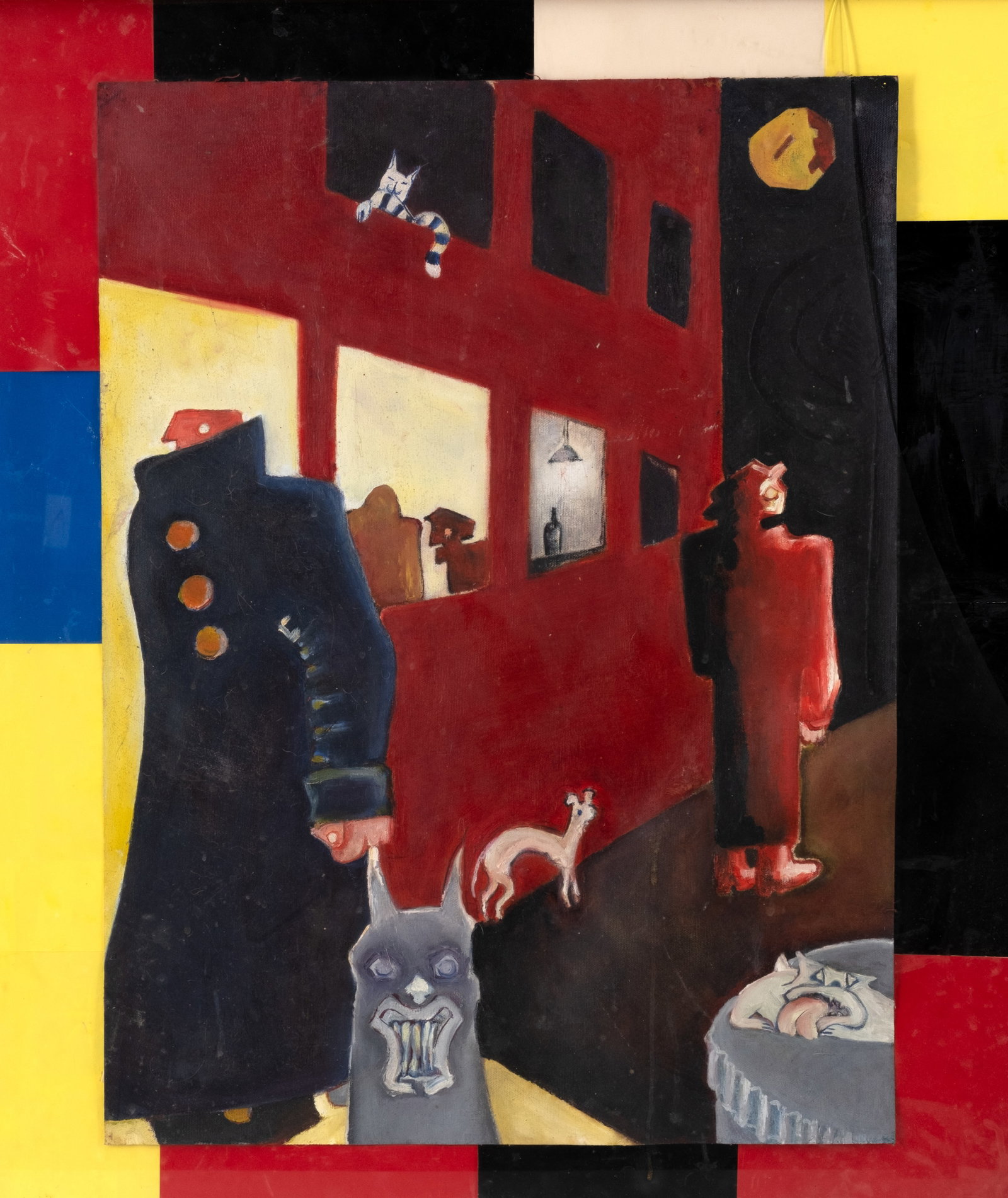 No Reserve: Mystery Artist: Social Surrealist Figurative Oil Painting with Dogs - 6