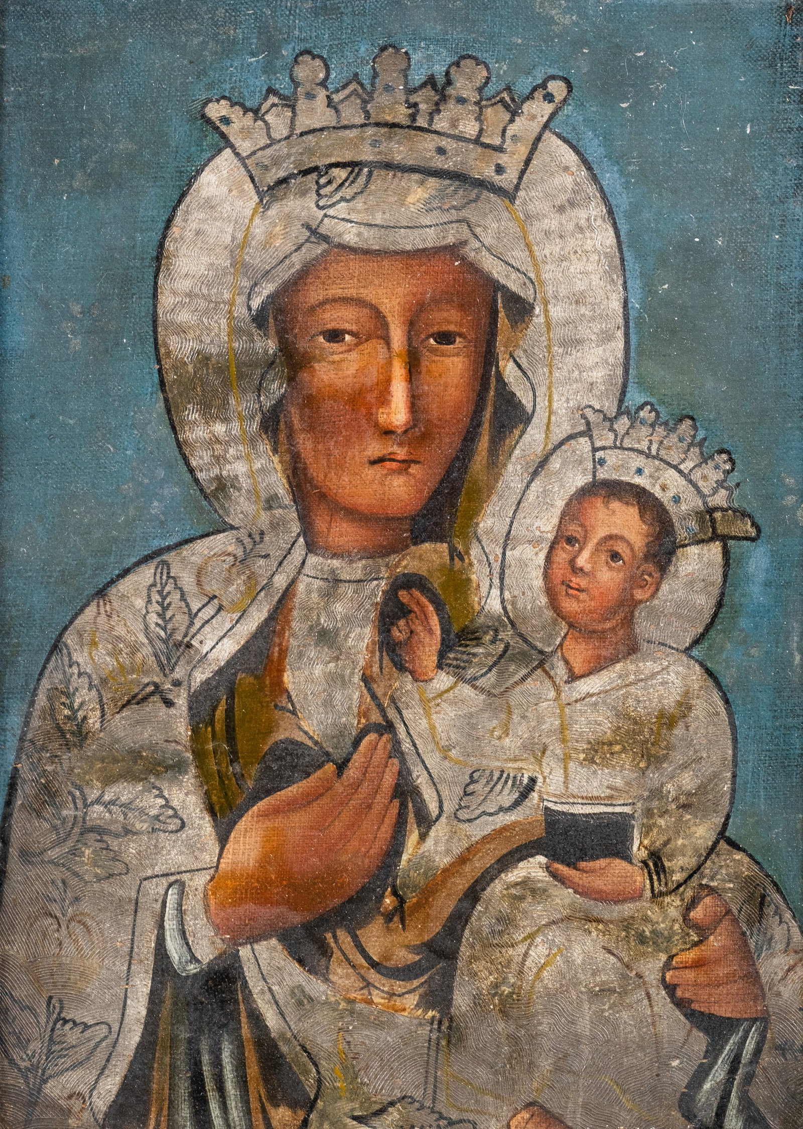 No Reserve: Polish School Crowned Virgin and Child Religious Icon, Oil on Panel Painting (1 of 5)
