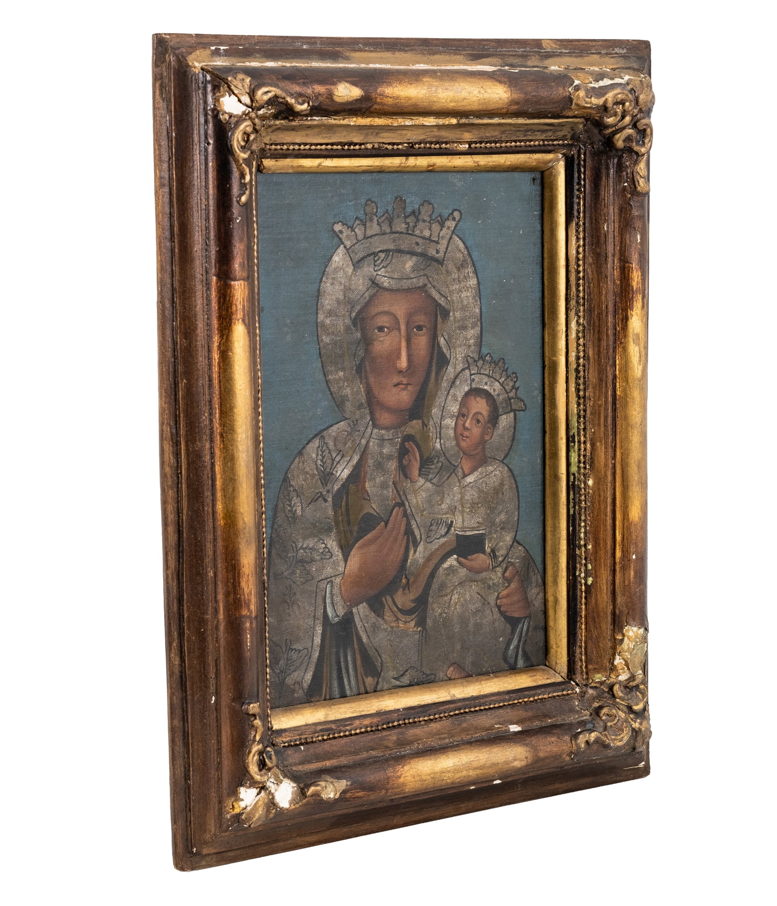No Reserve: Polish School Crowned Virgin and Child Religious Icon, Oil on Panel Painting - 3