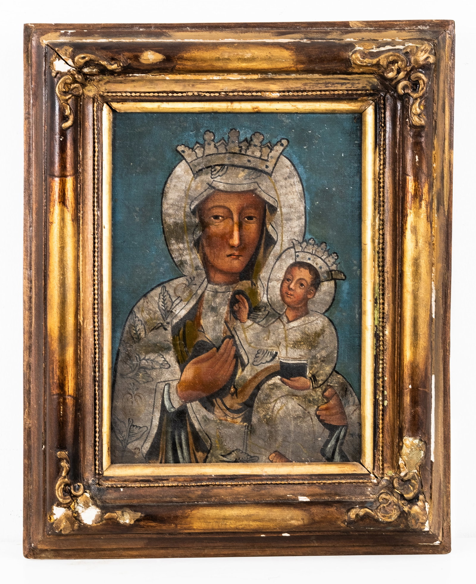 No Reserve: Polish School Crowned Virgin and Child Religious Icon, Oil on Panel Painting - 5