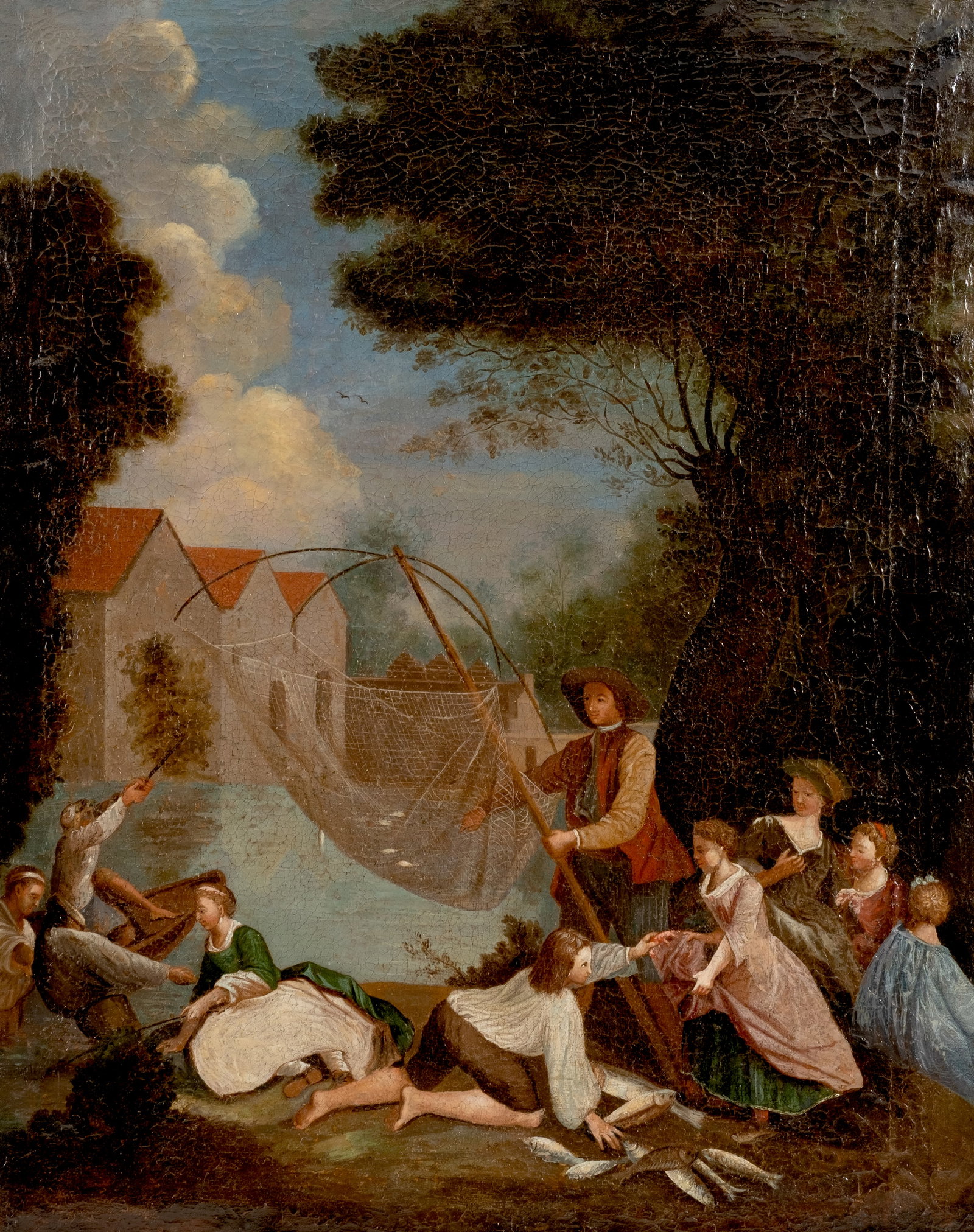 Mystery Artist: 18th Century French School Fishing Party Landscape Oil Painting (1 of 4)