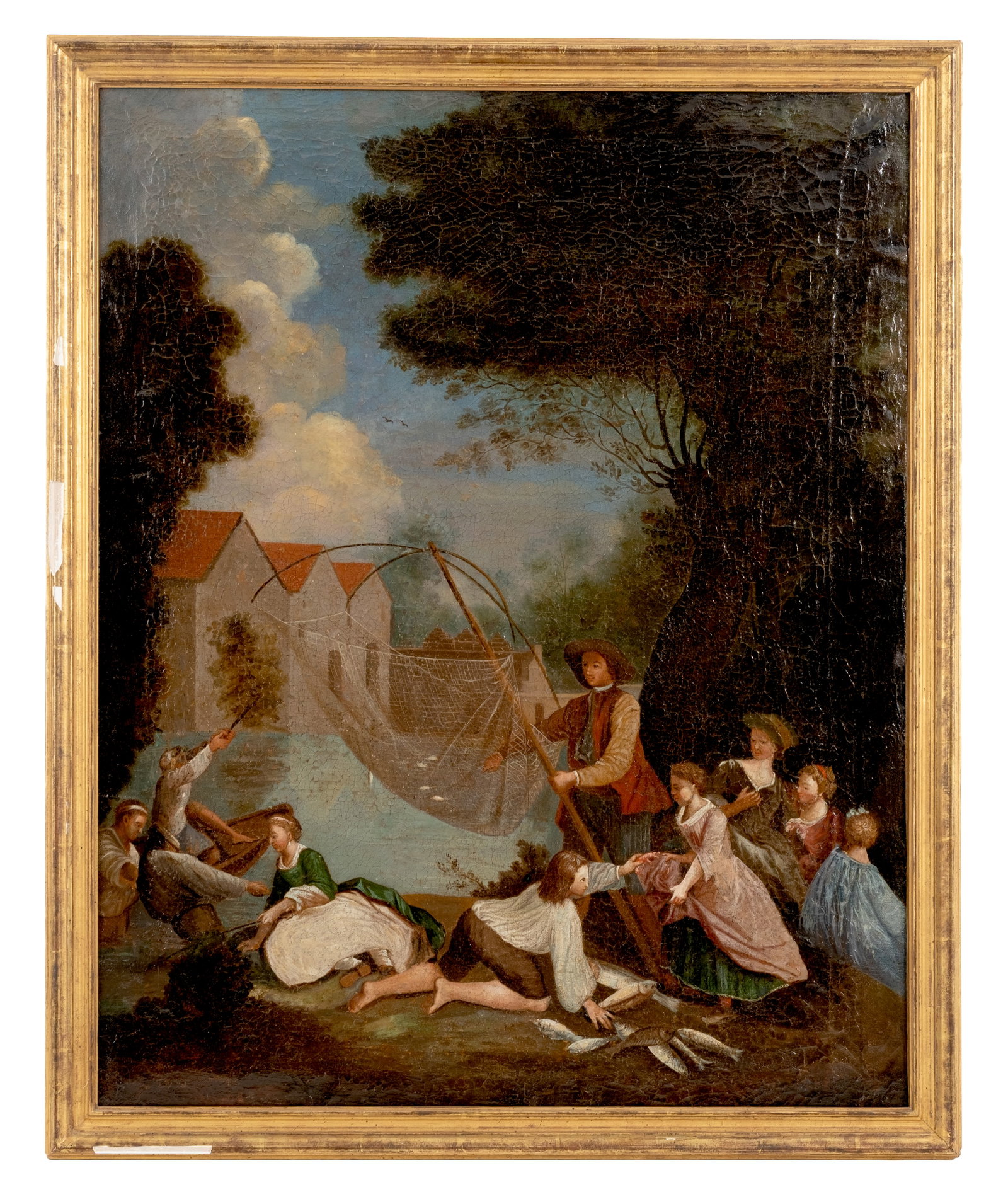 Mystery Artist: 18th Century French School Fishing Party Landscape Oil Painting - 3