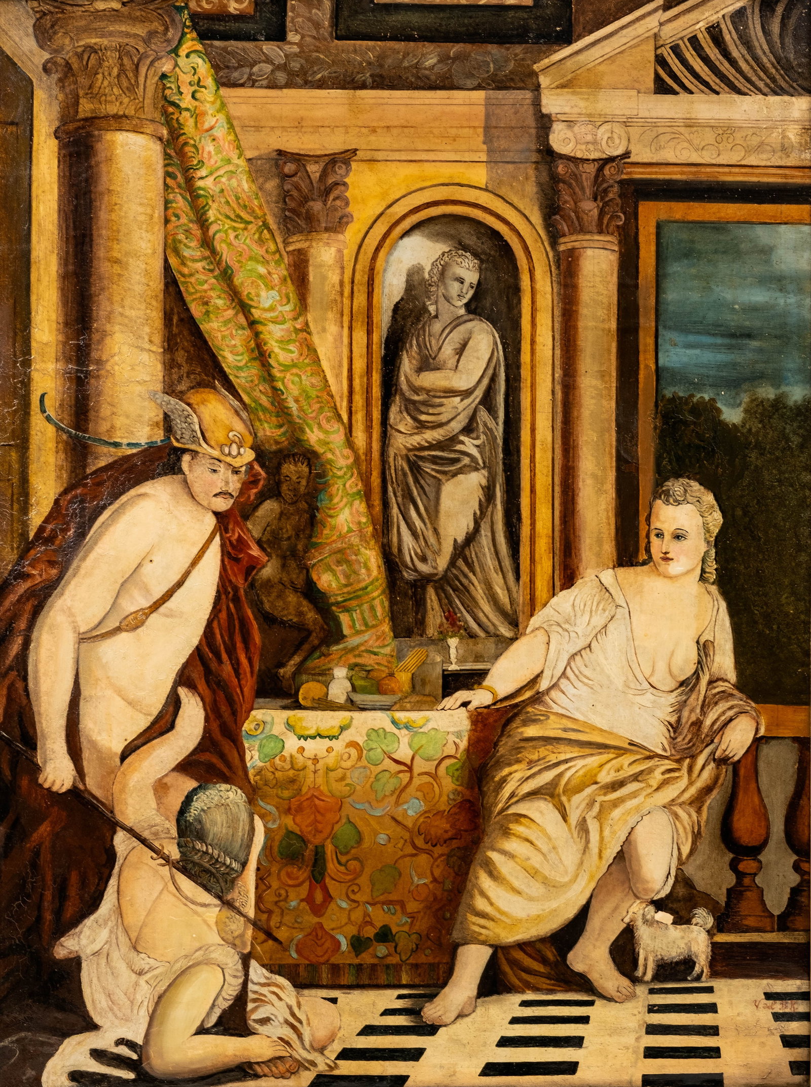 No Reserve: 18th/19th Century Neoclassical Mercury and Female Figure Oil Painting: Keywords: Hermes, Mercury, Agraulos, Greek Mythology, Roman Mythology, Mythological Painting, Neoclassical, Classical Interior, Winged Helmet, Caduceus, Classical Sculpture, European School, Grand Tou