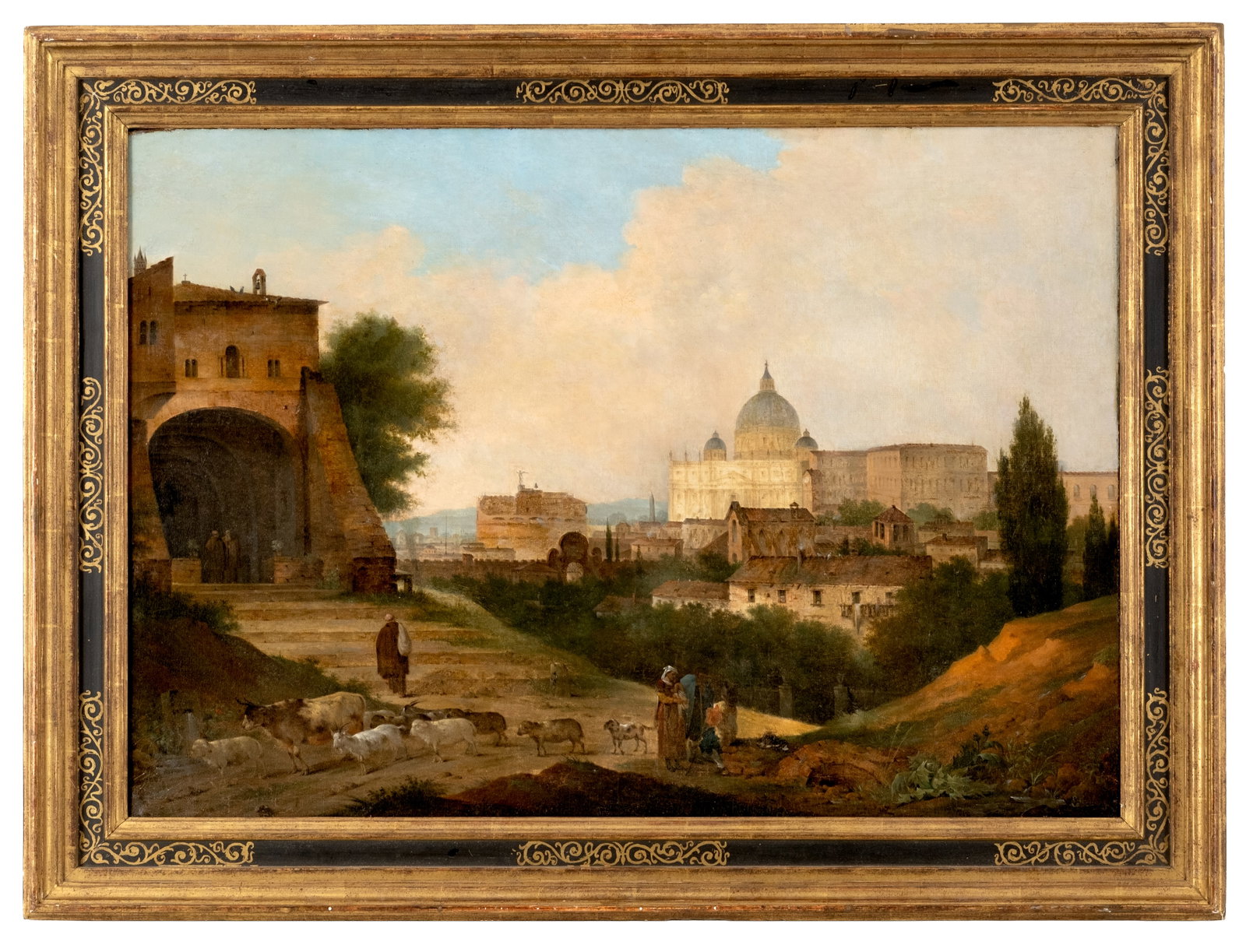 Mystery Artist Italian School, Signed? Rome with St. Peter's Basilica and Castel Sant'Angelo Oil: Keywords: Italian School, Rome, Roma, Vatican, St Peters Basilica, Castel Sant Angelo, Italian Landscape, Roman Landscape, Cityscape, Veduta, Grand Tour, European Art, Architectural Painting, Pastoral