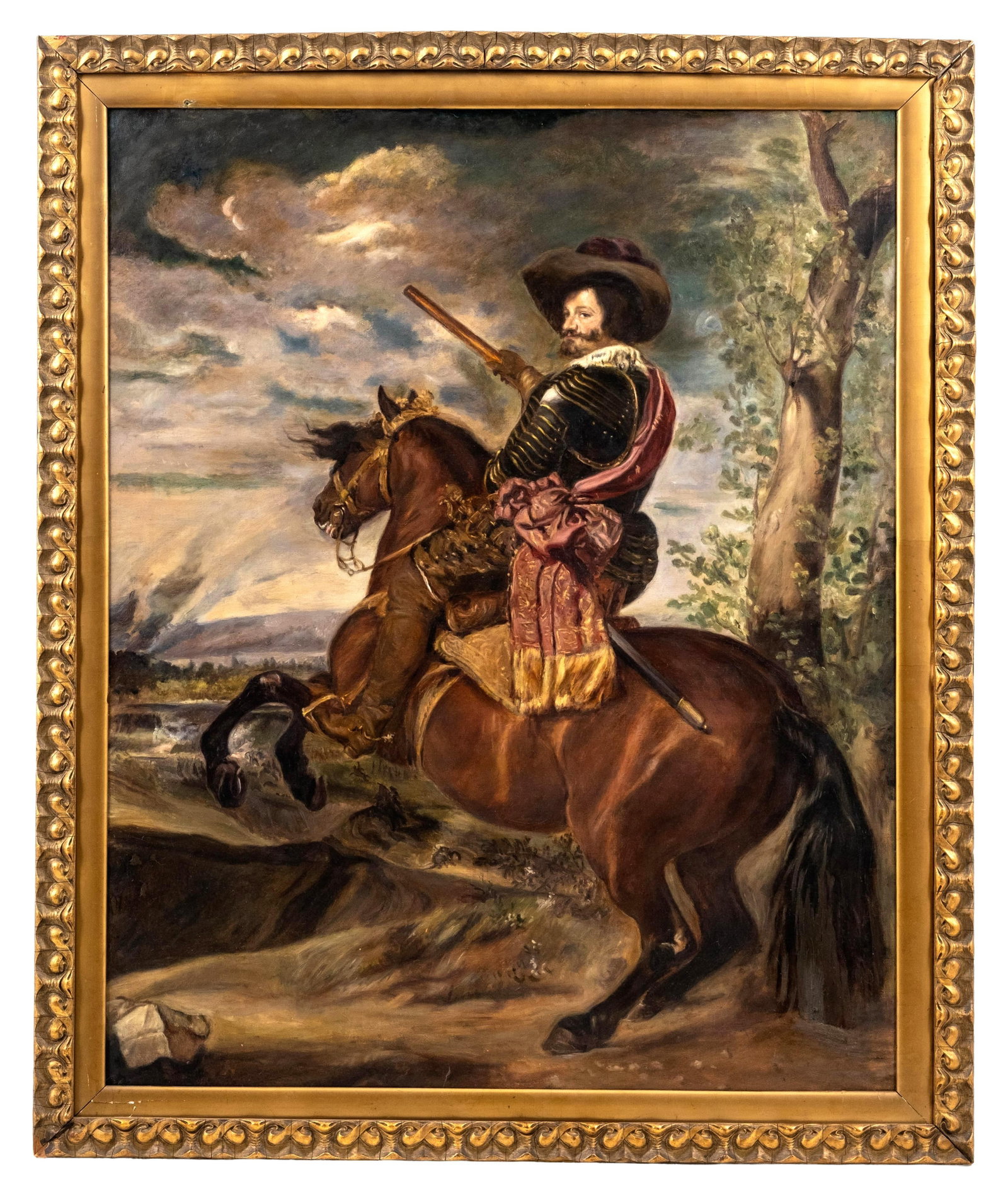 No Reserve: Portrait of Gaspar de Guzmán, Count-Duke of Olivares on Horseback, oil painting on: Keywords: Equestrian Painting, Guzmán, Count Duke of Olivares on Horseback, oil painting on original canvas Summary: 18th Century unsigned oil on canvas painting *Duke of Olivares on Horseback* . The