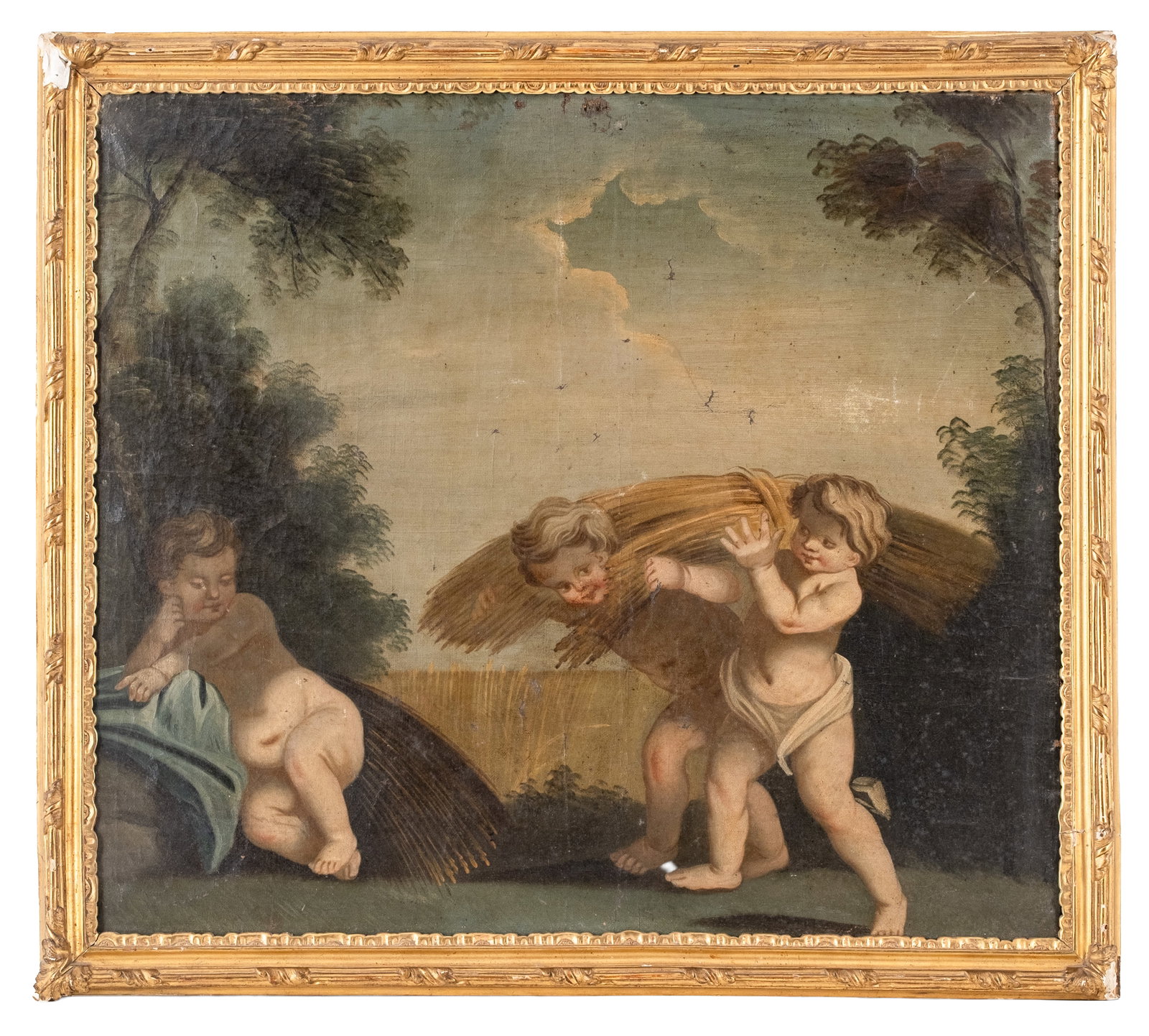 No Reserve: Mystery Artist French School Circa 1800 'Allegory of Autumn' Oil on Canvas Painting: Keywords: Allegorical Painting, Allegory of Autumn, Four Seasons, Putti, Cherubs, Harvest, Wheat, Classical Art, Neoclassical, Romantic Era, Figurative Art, European Art, Oil on Canvas Summary: French