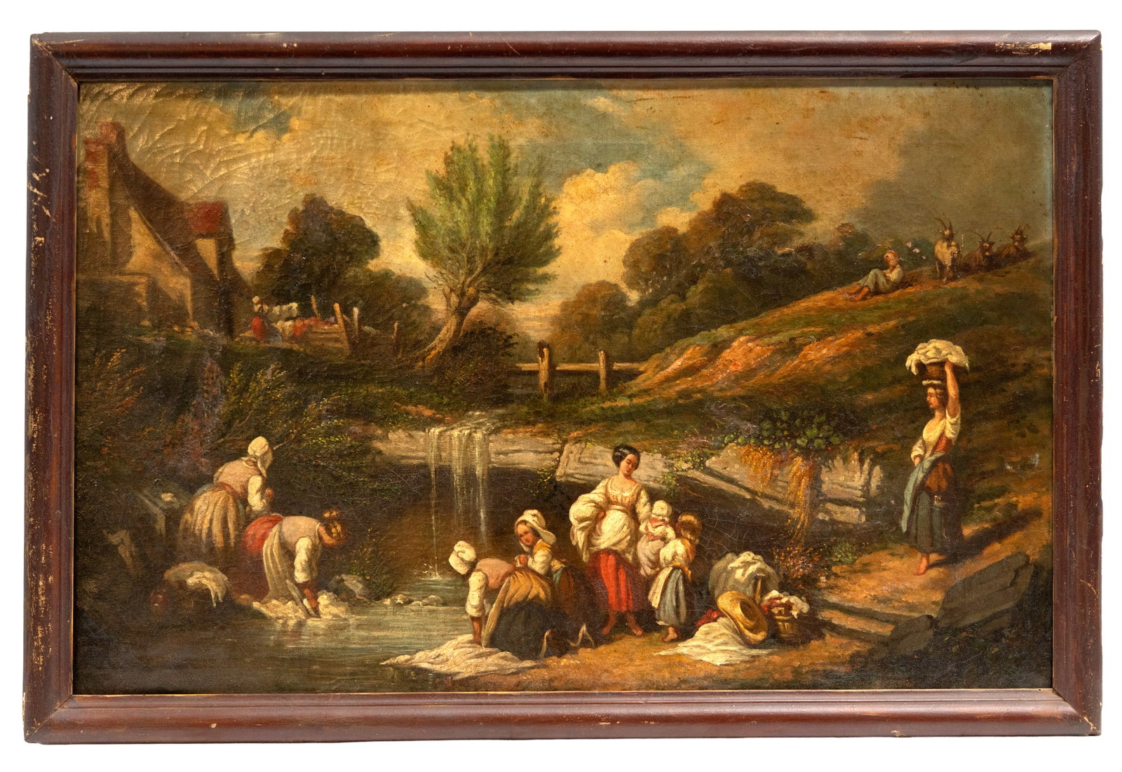 Mystery Artist circa 1800 European School 'Laundry Day' Oil on Canvas Painting (1 of 8)