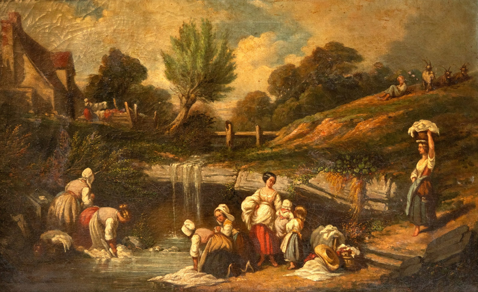 Mystery Artist circa 1800 European School 'Laundry Day' Oil on Canvas Painting - 2