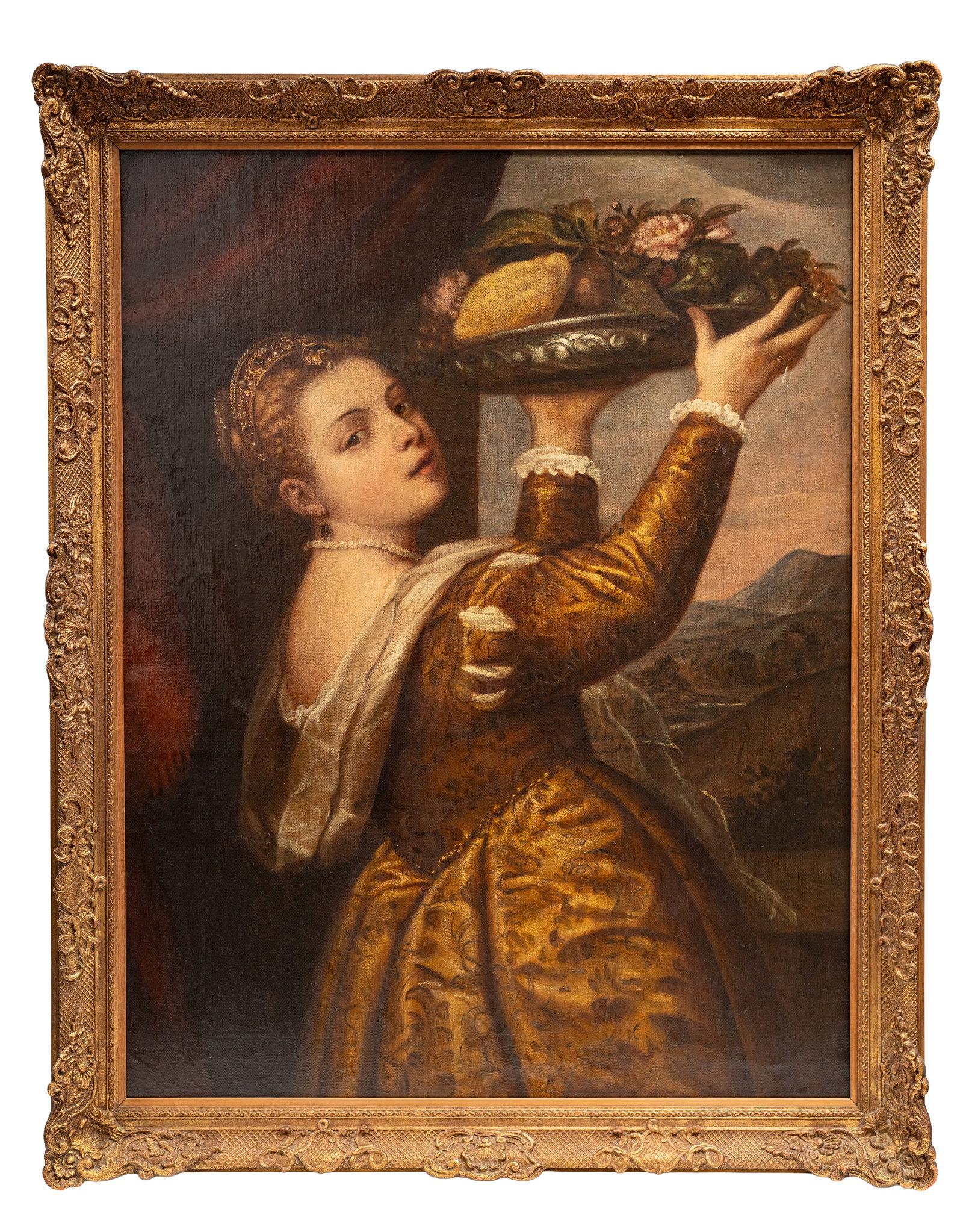 No Reserve: Manner of Titian 'Girl with a Platter of Fruit' Antique Oil on Woven Linen Painting (1 of 6)