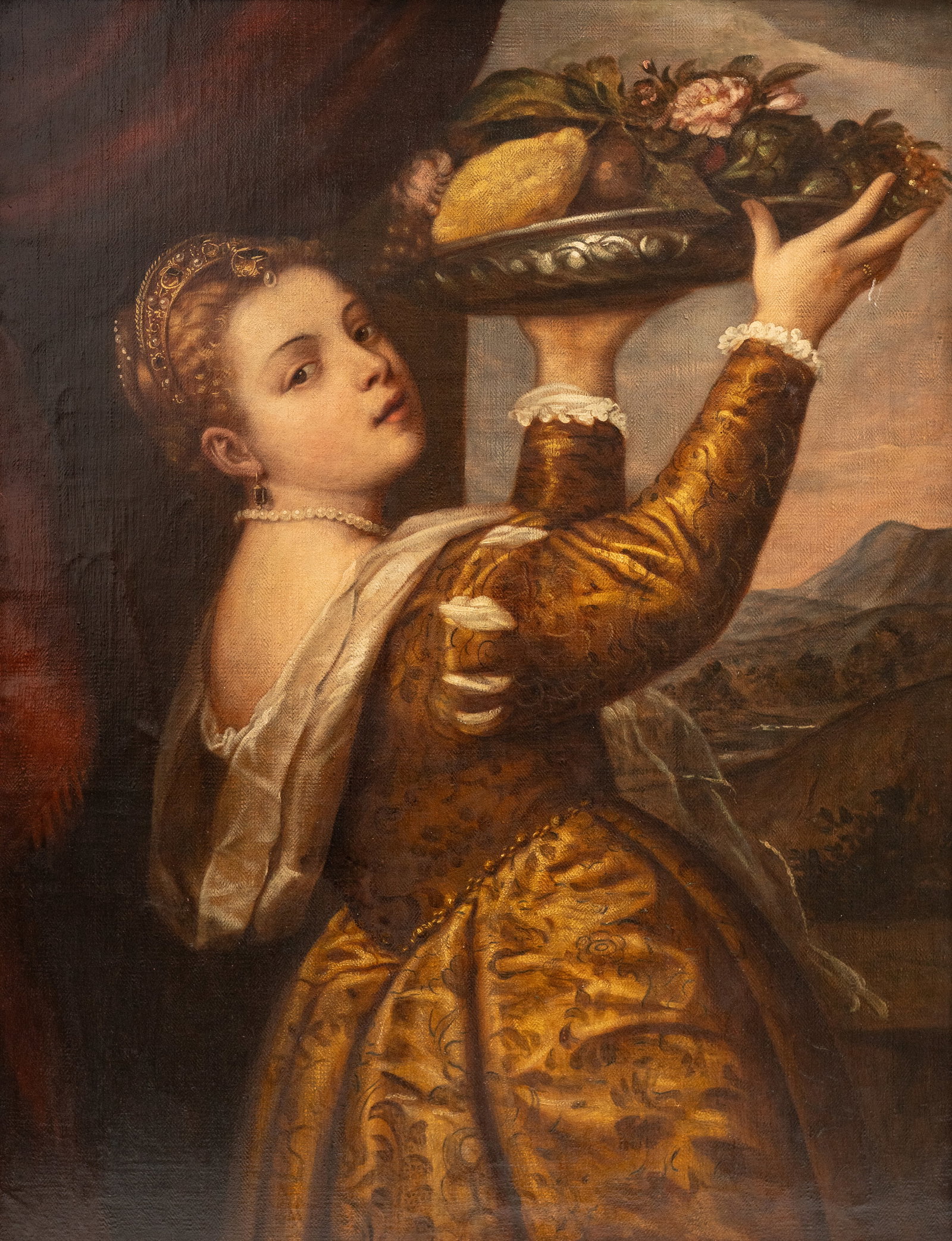 No Reserve: Manner of Titian 'Girl with a Platter of Fruit' Antique Oil on Woven Linen Painting - 2
