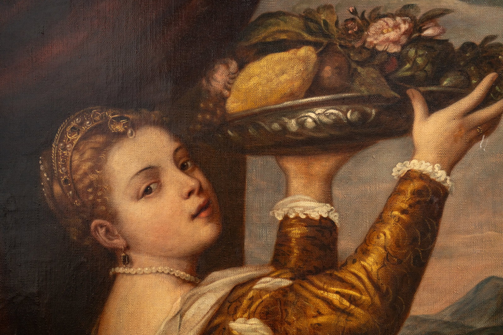 No Reserve: Manner of Titian 'Girl with a Platter of Fruit' Antique Oil on Woven Linen Painting - 5