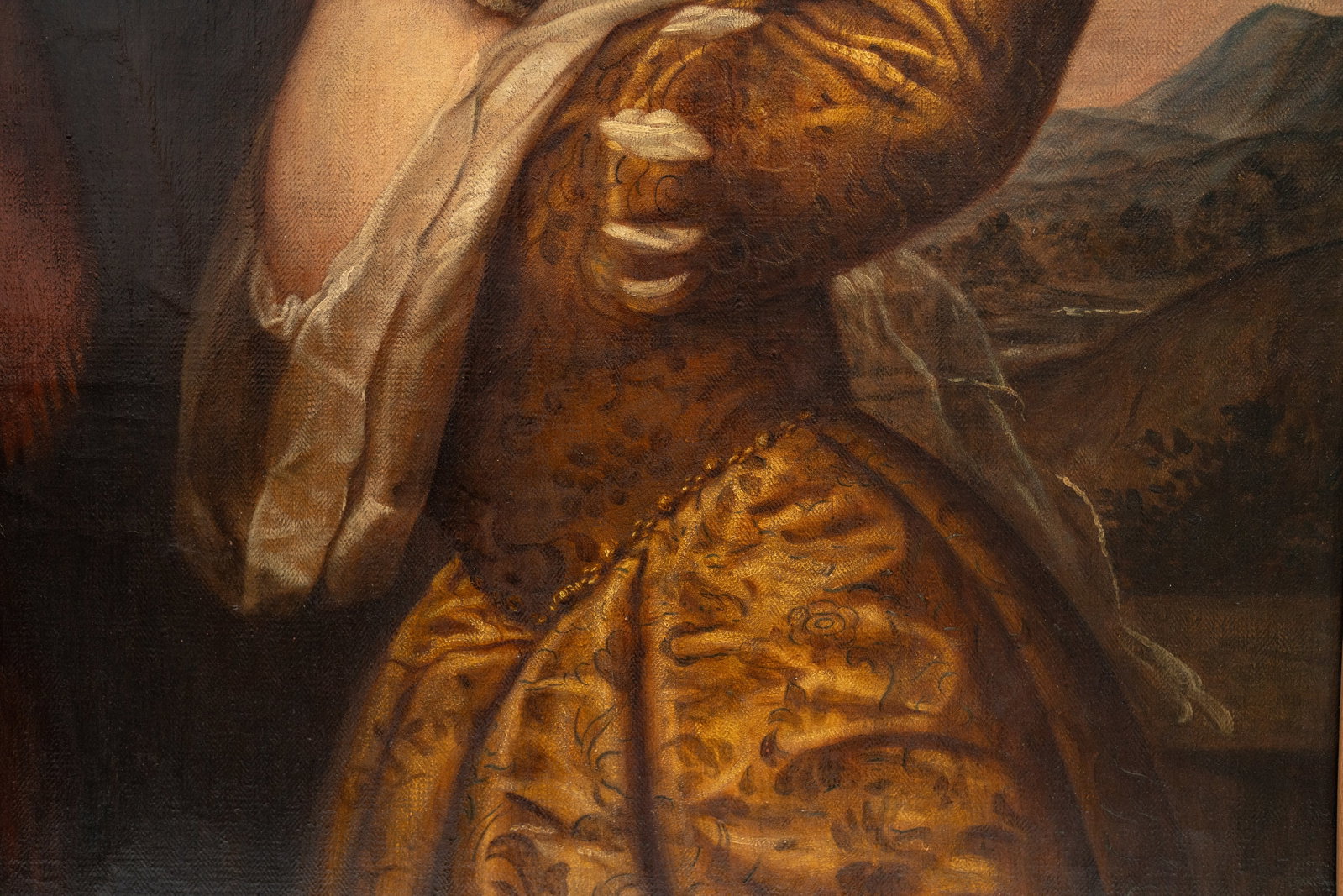 No Reserve: Manner of Titian 'Girl with a Platter of Fruit' Antique Oil on Woven Linen Painting - 6