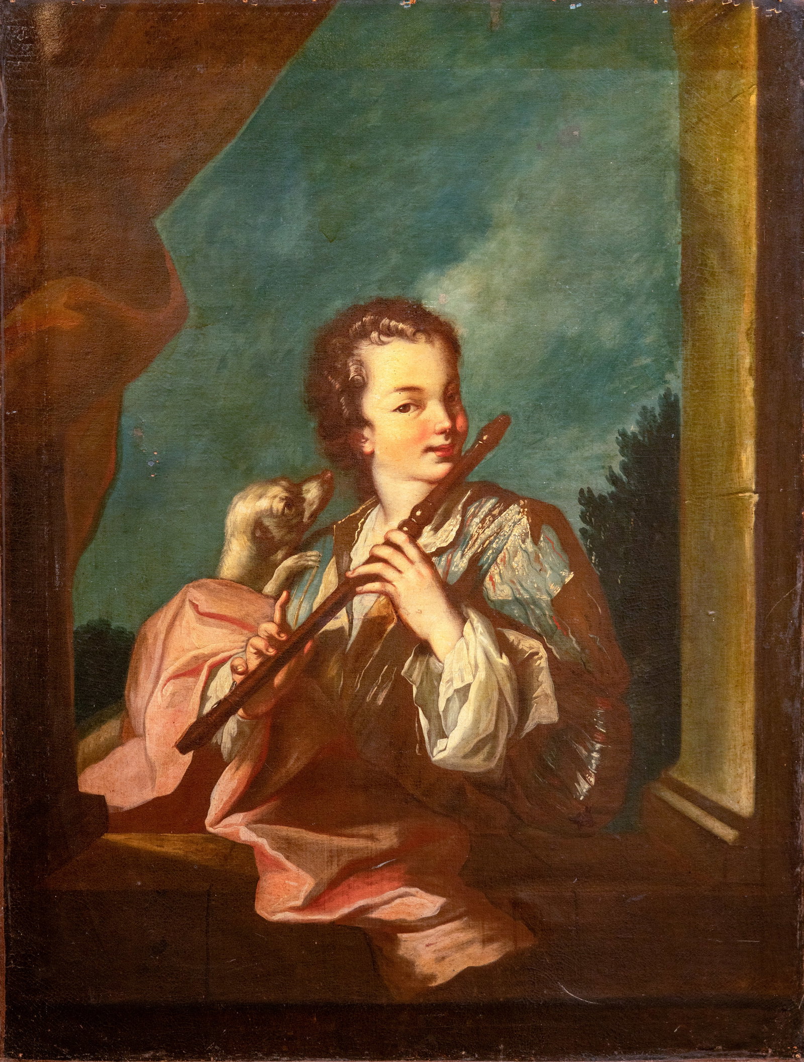 No Reserve: French School 'The Flute Player' 18th Century Oil on Canvas Painting: Keywords: French School, Old Master, Rococo, Portraiture, Musician, Flute Player, Figural, Genre Scene, 18th Century, European Art, Oil On Canvas, Musical Subject Summary: French School, 18th century.