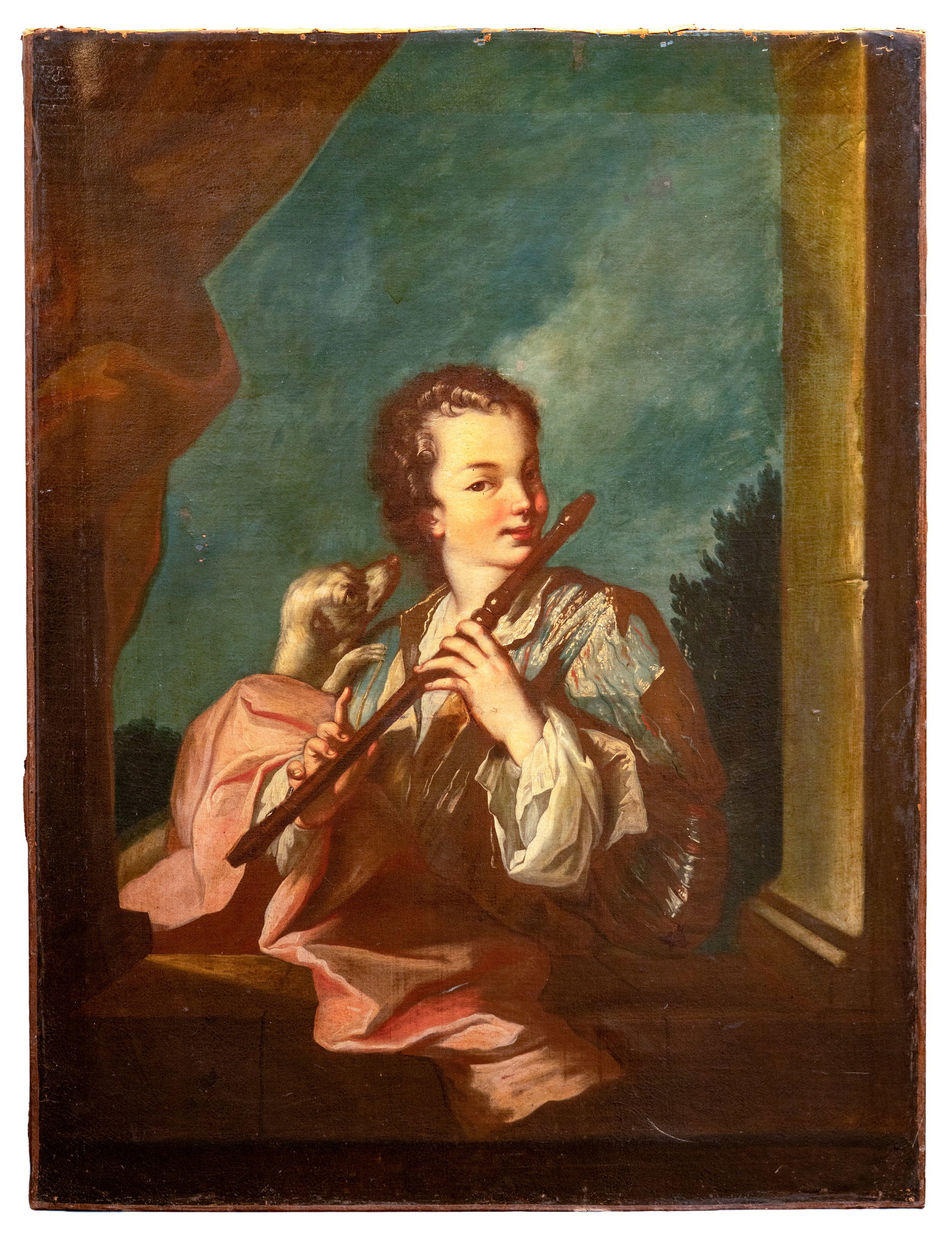 No Reserve: French School 'The Flute Player' 18th Century Oil on Canvas Painting - 5