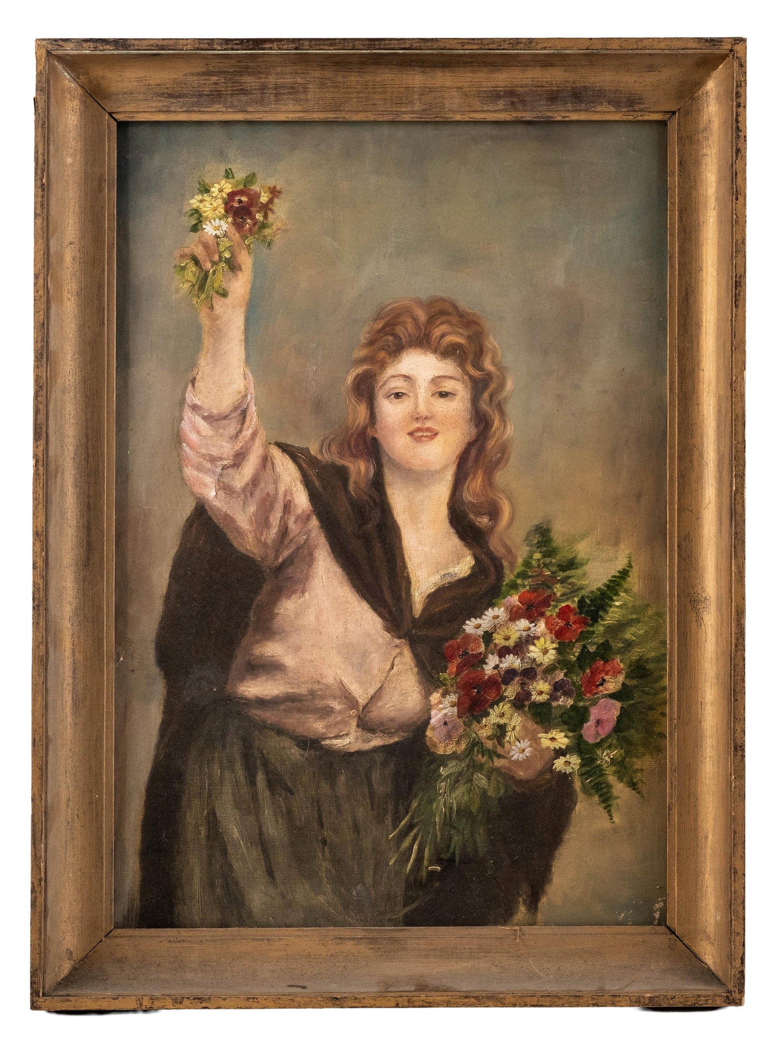 No Reserve: Consuelo Fould The Flower Seller Oil Painting: Keywords: French fine art, Street vendor, Paris flower market, Early 20th century artworks Summary: Oil on canvas painting attributed to Consuelo Fould (French, 1862–1927), depicting a young flower 