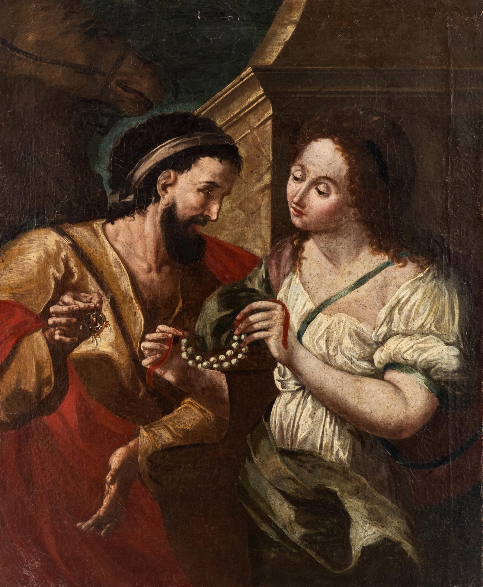 No Reserve: Italian School 17th Century Jeweler Showing a Strand of Pearls Oil on Canvas Painting (1 of 8)