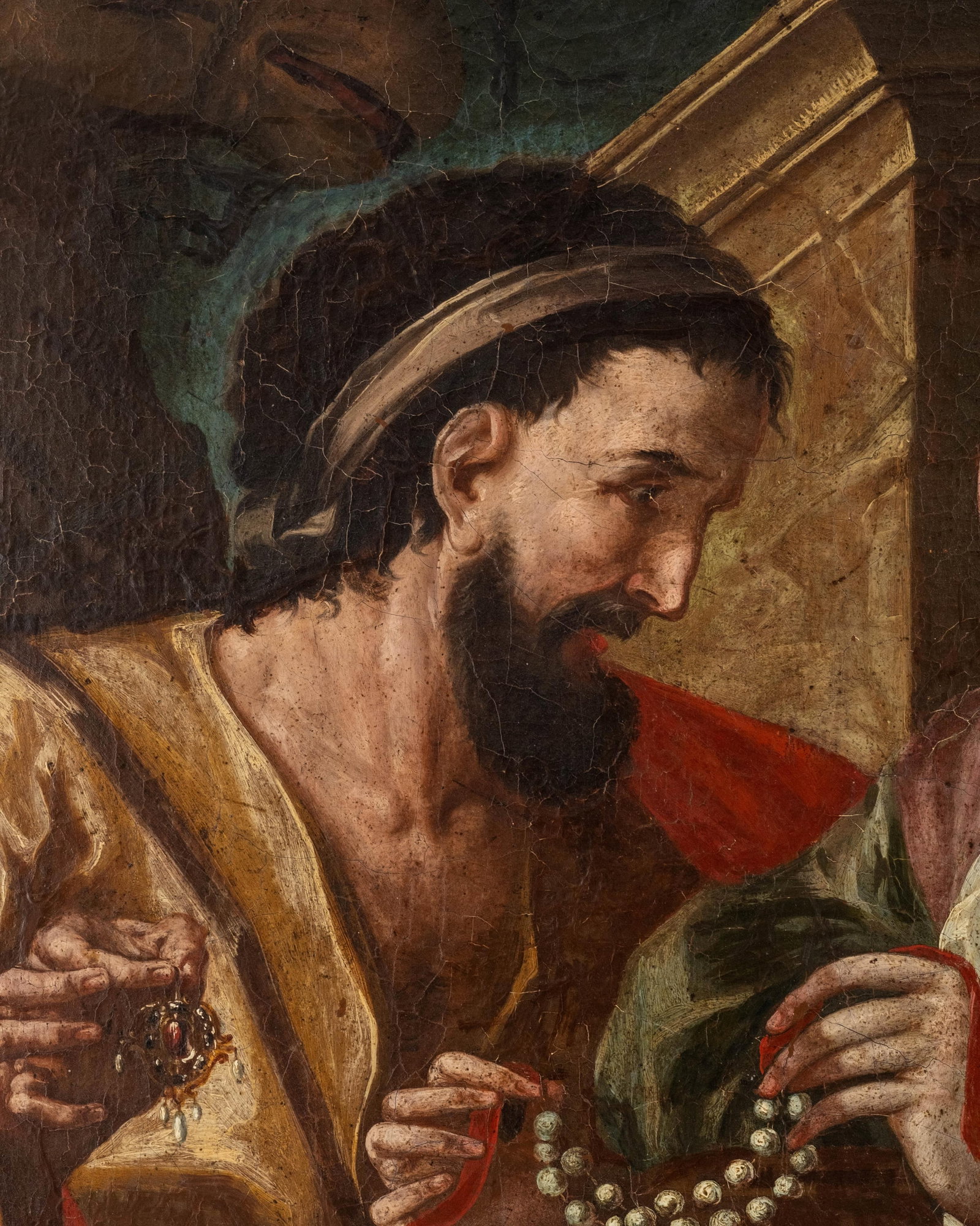 No Reserve: Italian School 17th Century Jeweler Showing a Strand of Pearls Oil on Canvas Painting - 2