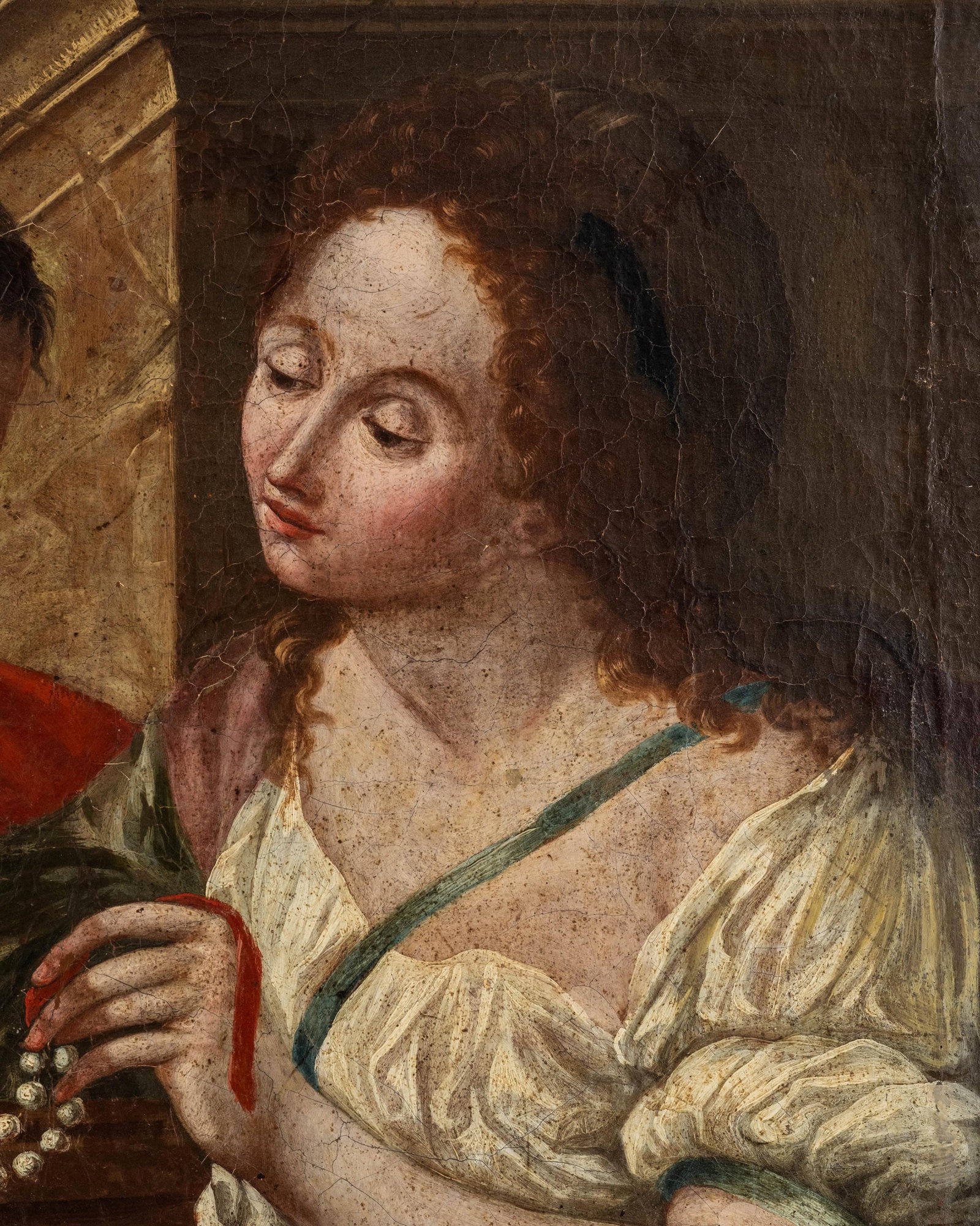 No Reserve: Italian School 17th Century Jeweler Showing a Strand of Pearls Oil on Canvas Painting - 3