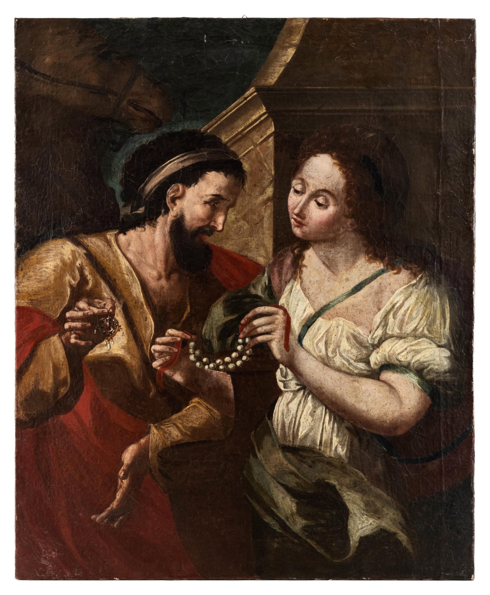 No Reserve: Italian School 17th Century Jeweler Showing a Strand of Pearls Oil on Canvas Painting - 5