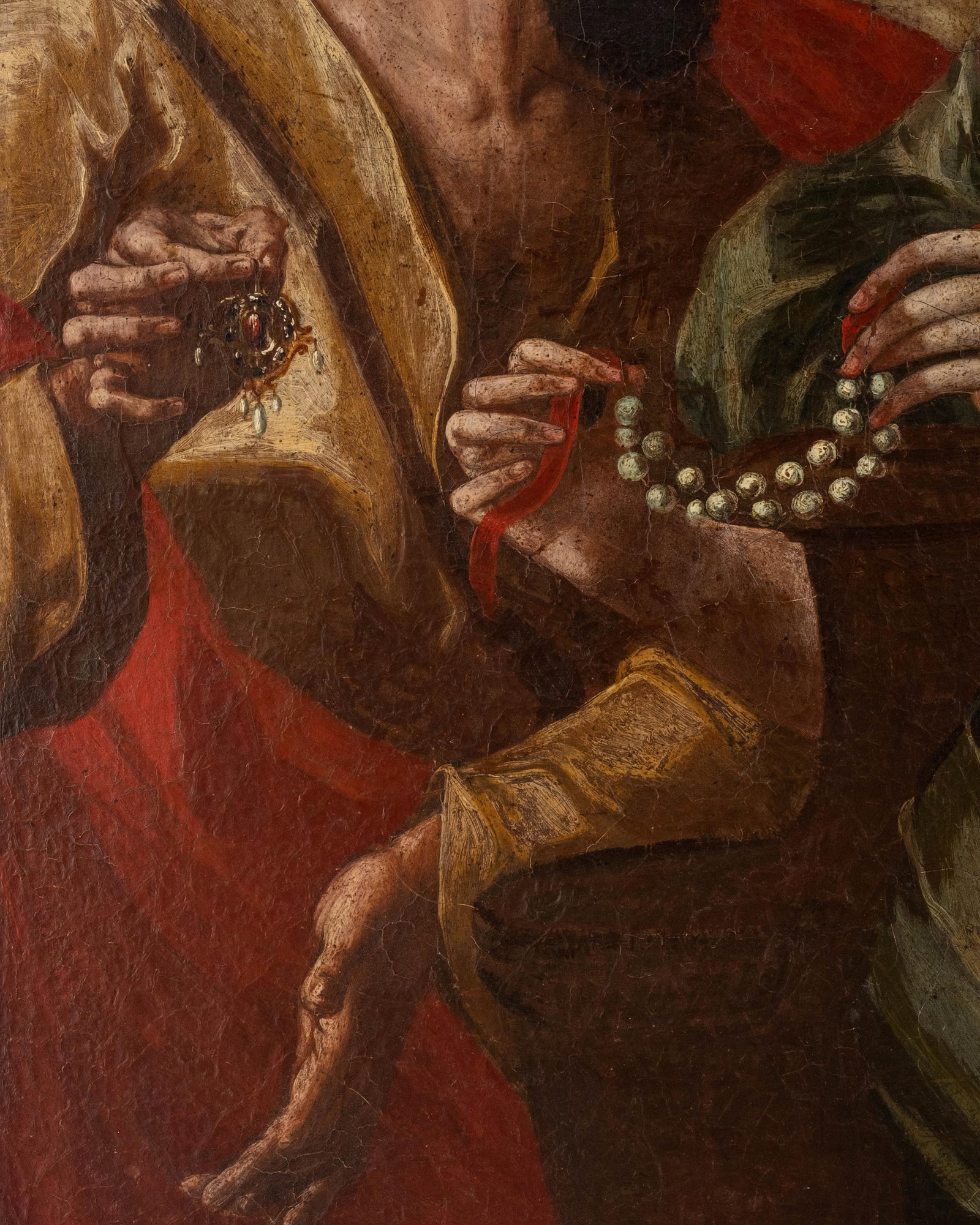 No Reserve: Italian School 17th Century Jeweler Showing a Strand of Pearls Oil on Canvas Painting - 6