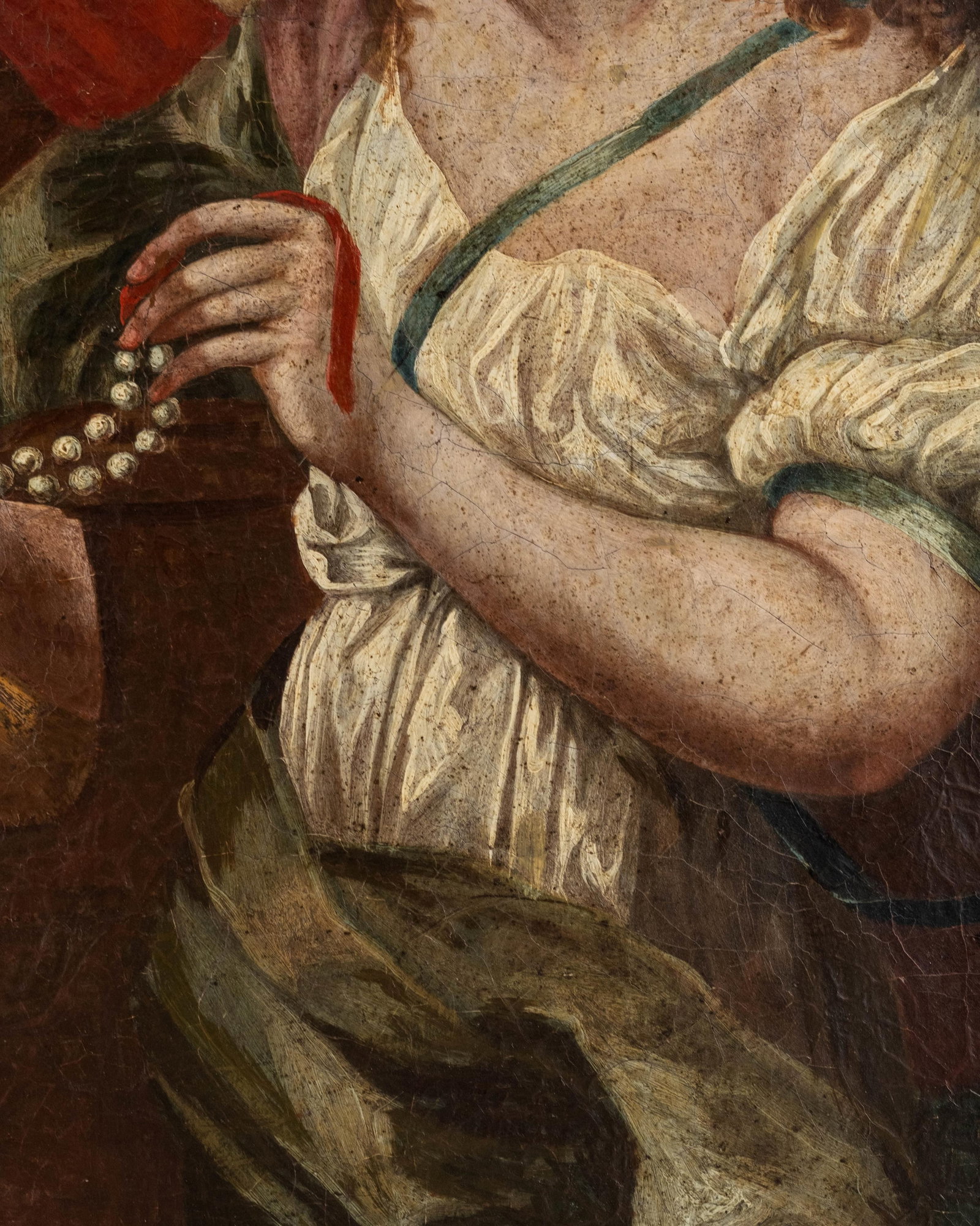 No Reserve: Italian School 17th Century Jeweler Showing a Strand of Pearls Oil on Canvas Painting - 7