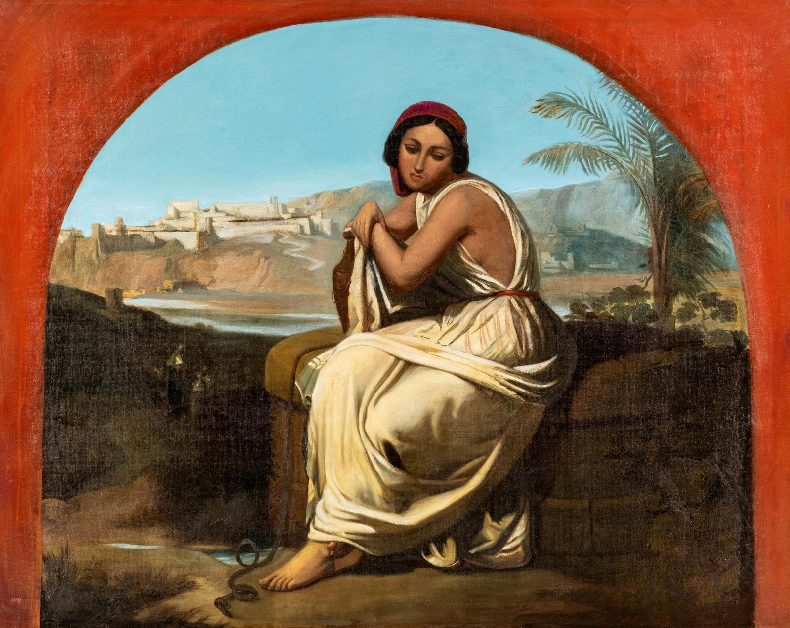No Reserve: Romain Cazes Circle, Rebecca At The Well Before City Walls, Oil On Canvas Painting - 2