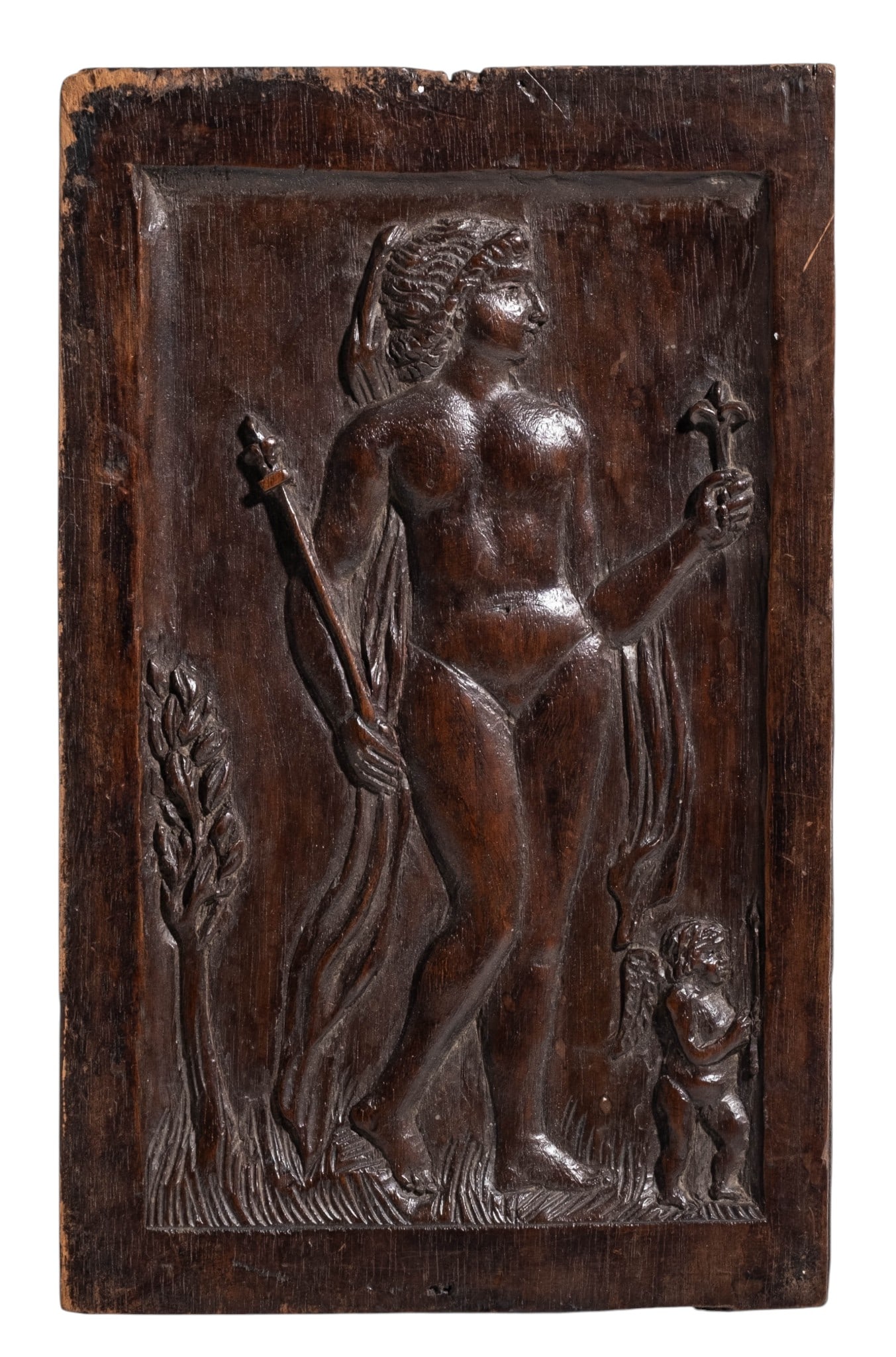No Reserve: 17th Century Netherlandish Carved Walnut Venus and Cupid Relief Panel: Keywords: Aphrodite, Cupid, Mythological, Renaissance, Baroque, Dutch, Flemish, Netherlandish, Walnut, Wood Carving, Relief, Classical, Antique Summary: Netherlandish carved walnut relief panel, circa