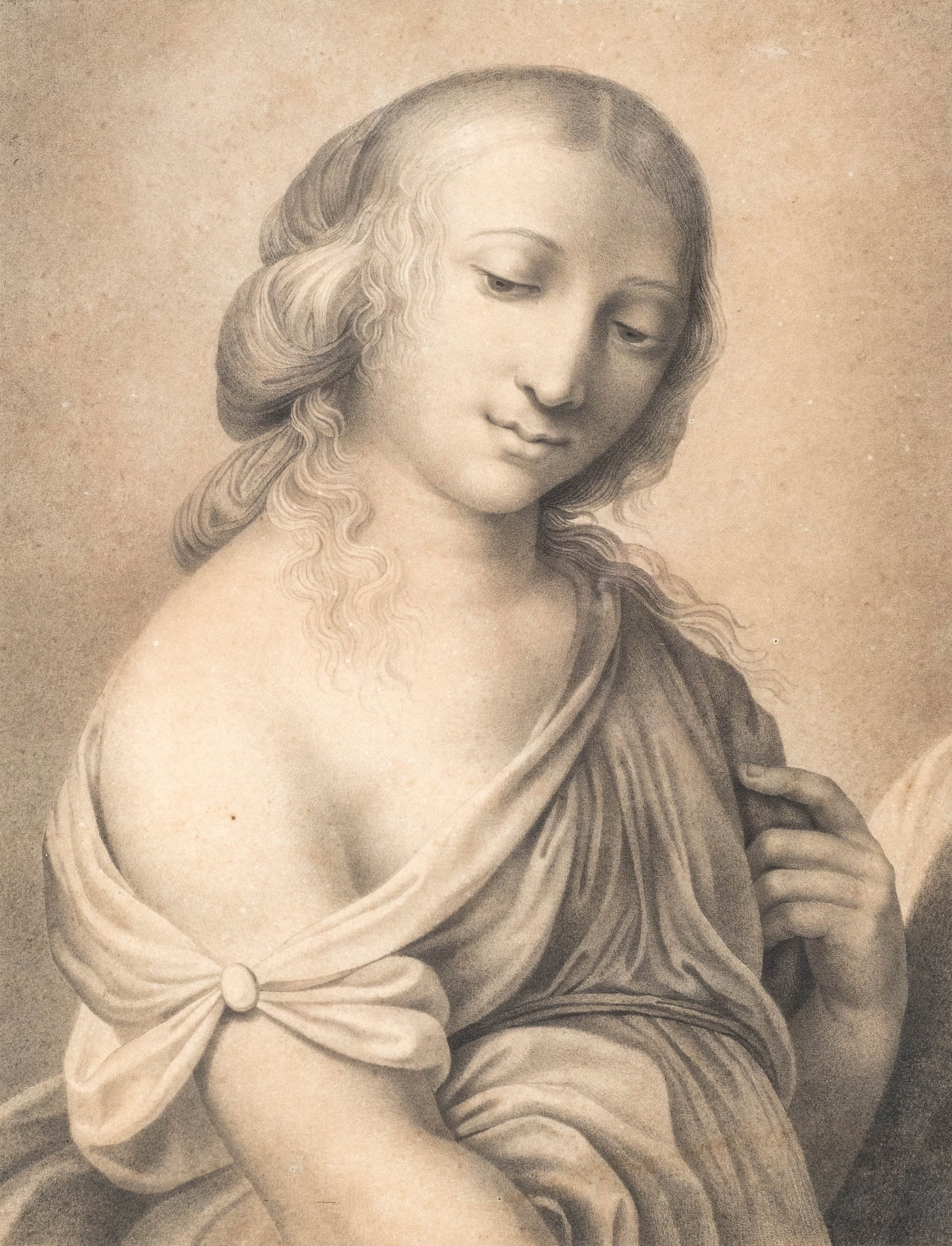 No Reserve: After Raphael, Portrait of a Woman Antique Drawing, Signed: Keywords: Raffaello Sanzio, Renaissance, Italian Renaissance, Old Master, Female Portrait, Figural, Classical, Academic Drawing, Graphite, Charcoal, Works on Paper Summary: Antique drawing on paper af