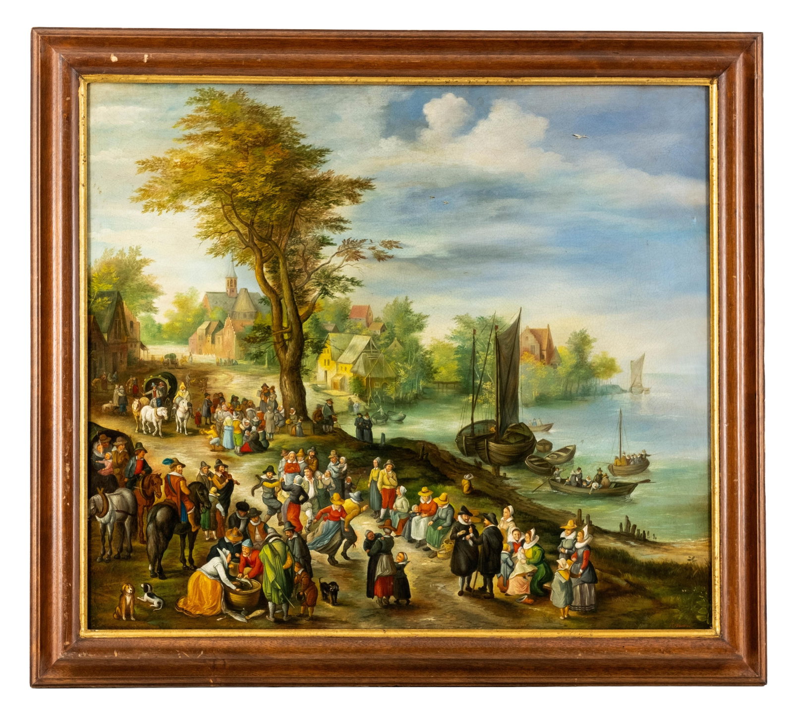 Jan Brueghel style Animated River Scene Oil Painting, Signed illeg. (1 of 9)