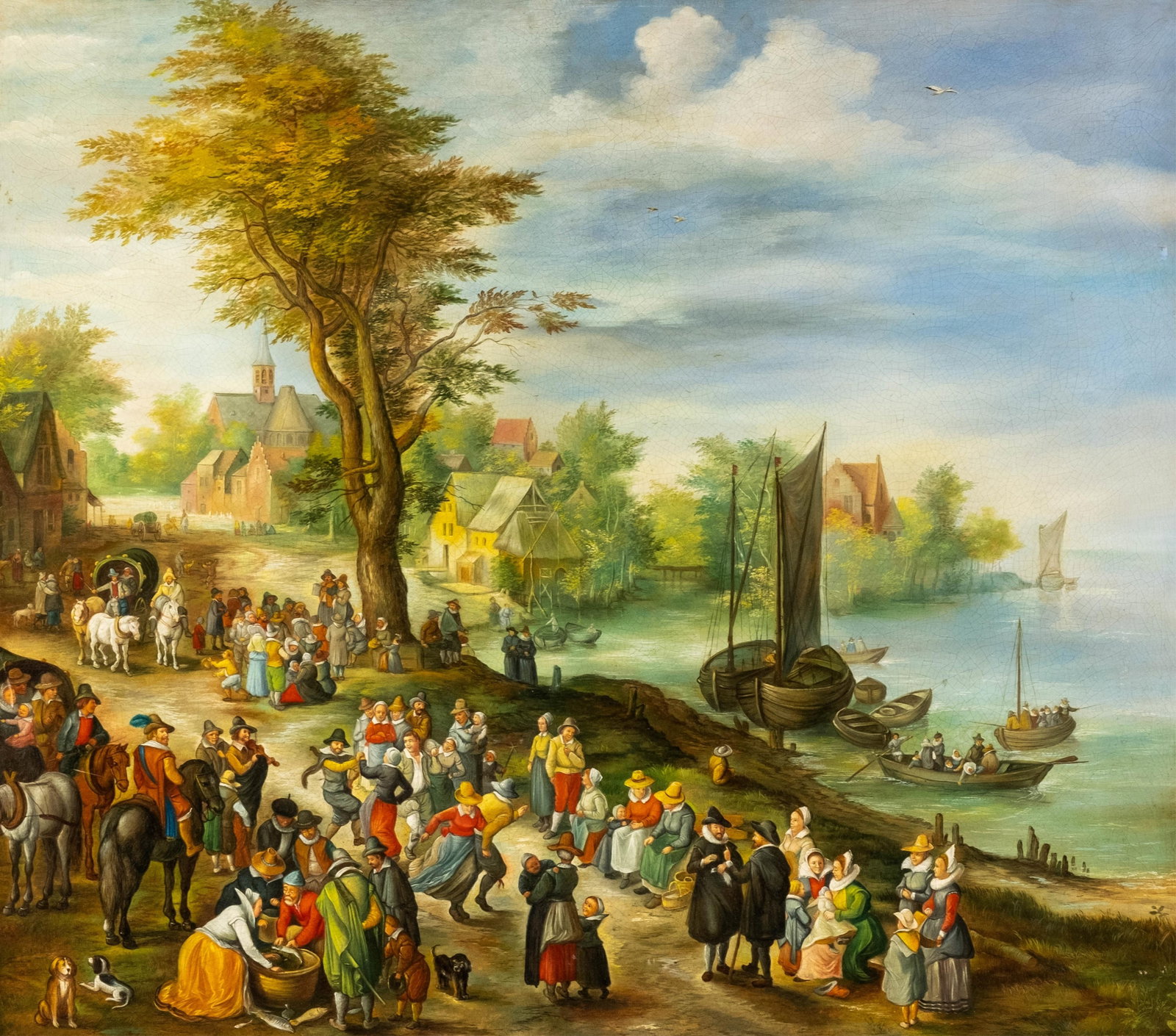 Jan Brueghel style Animated River Scene Oil Painting, Signed illeg. - 4