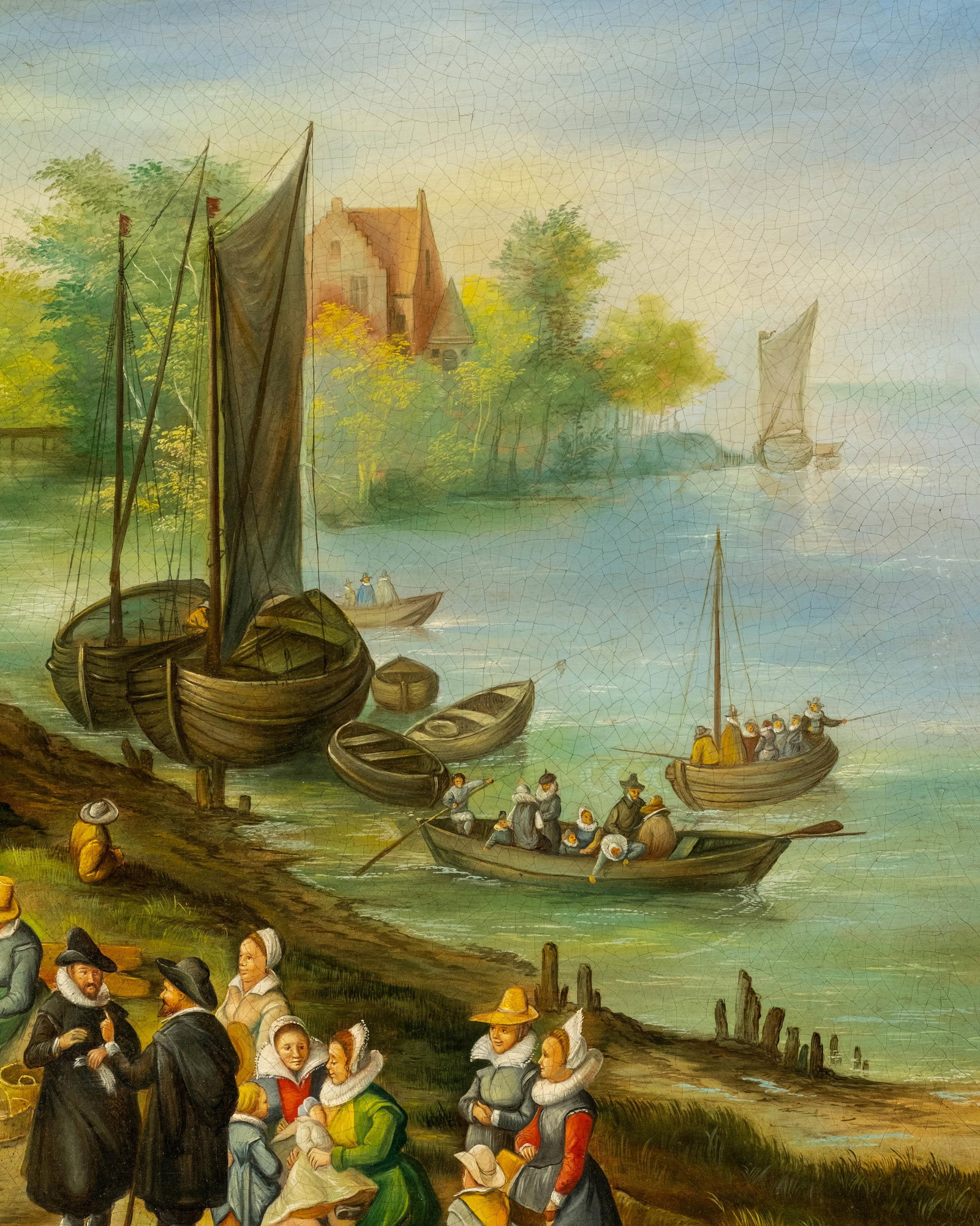 Jan Brueghel style Animated River Scene Oil Painting, Signed illeg. - 9