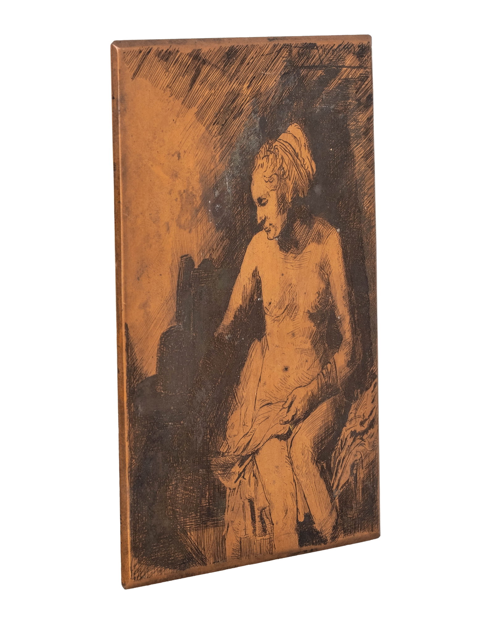No Reserve: After Rembrandt van Rijn, Woman Sitting Half-Dressed Beside a Stove, Inscribed 1658: Keywords: Rembrandt, Dutch Old Master, Copper Plate, Etching Plate, Printmaking, Dutch Golden Age, Figural Study, Female Figure, 17th Century Style, Reproductive Engraving Summary: After Rembrandt van