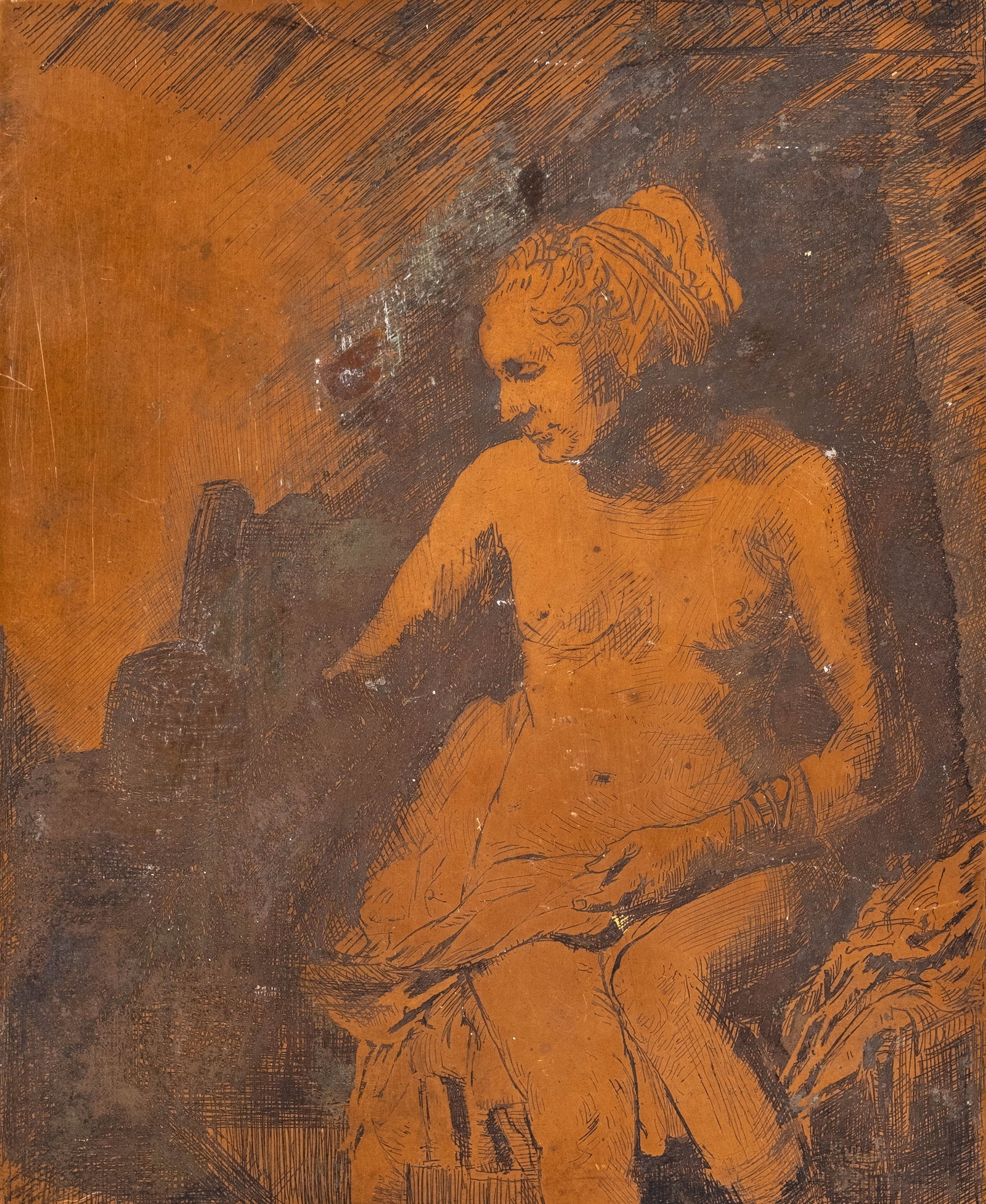 No Reserve: After Rembrandt van Rijn, Woman Sitting Half-Dressed Beside a Stove, Inscribed 1658 - 2