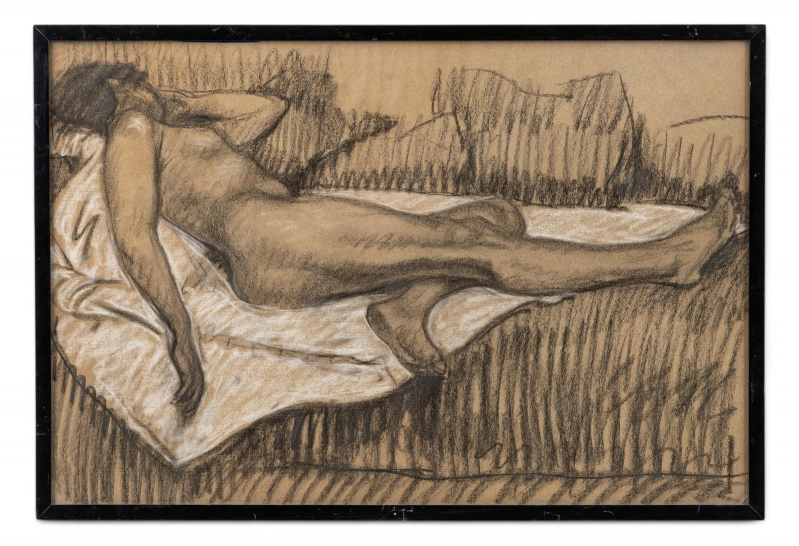 Théophile Alexandre Steinlen Reclining Female Nude Charcoal and White Chalk Drawing: Keywords: Early 20th Century, painting, reclining nude, female figure, charcoal drawing, white chalk, academic study, figurative drawing, seated sofa, French drawing, vintage, life study, framed drawi