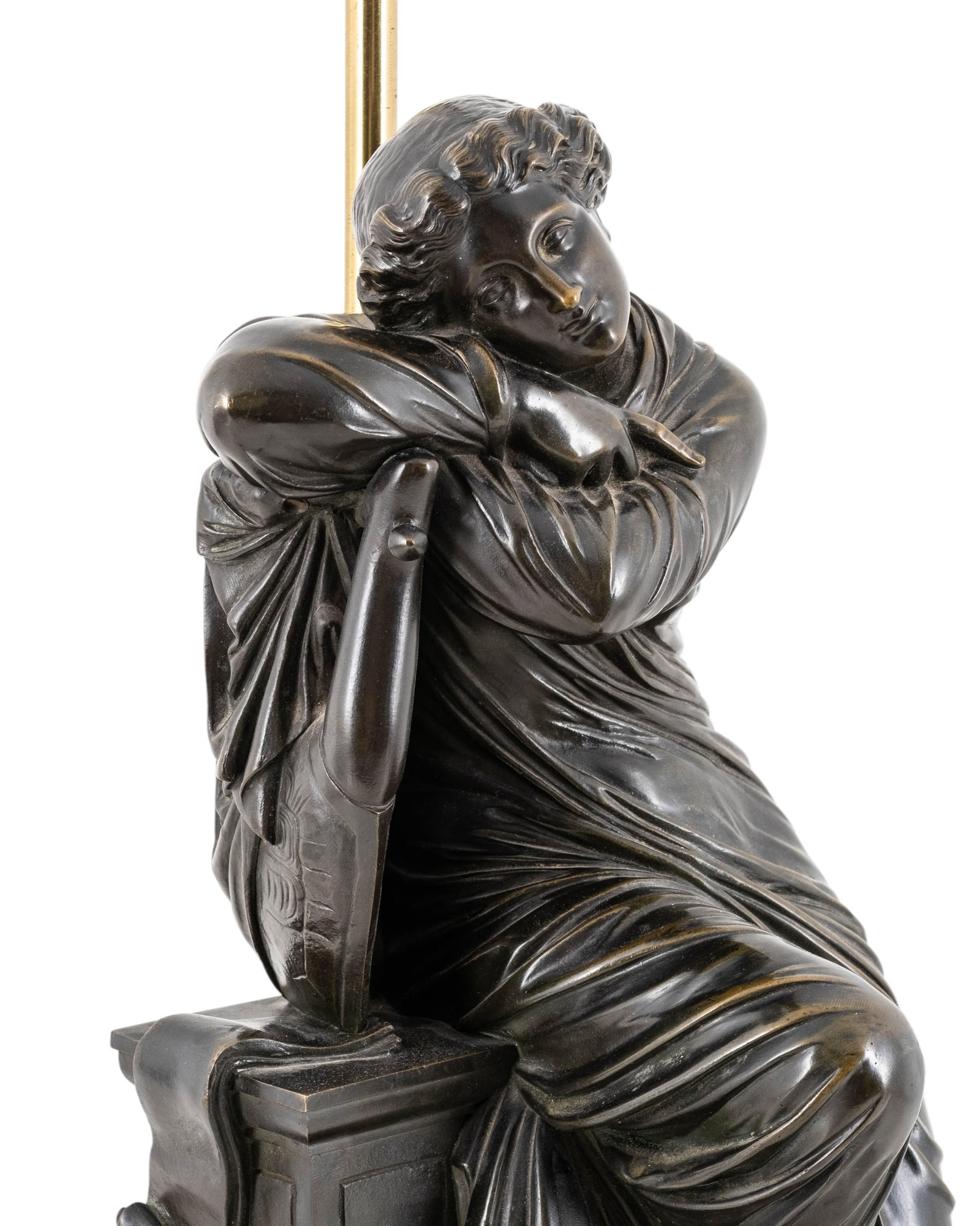 Classical Revival Patinated Bronze Figural Sculpture / Lamp: Keywords: Classical Revival, figural sculpture, allegorical female figure, seated woman, lyre, music motif, neoclassical, patinated metal, bronze figure, sculptural lighting, decorative arts, table la
