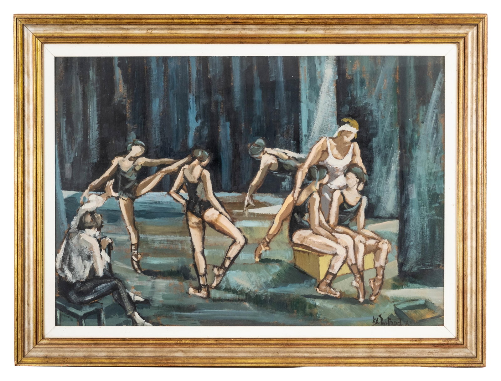 No Reserve: Wonderful Signed 'The Ballet Rehearsal' Oil Painting Illegibly Signed: Keywords: dancers, ballet, dance studio scene, figurative composition, theatrical interior, backstage scene, performance art, modernist painting, expressionist figural work, rehearsal scene, gouache o