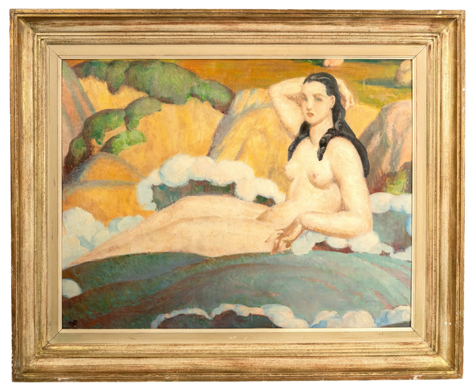 No Reserve: Mystery Monogram Artist French School Circa 1930 Art Deco Oil Painting, Style of Dupas,: Keywords: French School, Jean Dupas, Art Deco, Modernist, Figurative, Reclining Figure, Female Figure, French Art, Interwar Art, Classical Figure, Landscape, Oil Painting, 1930s Summary: Mystery treas