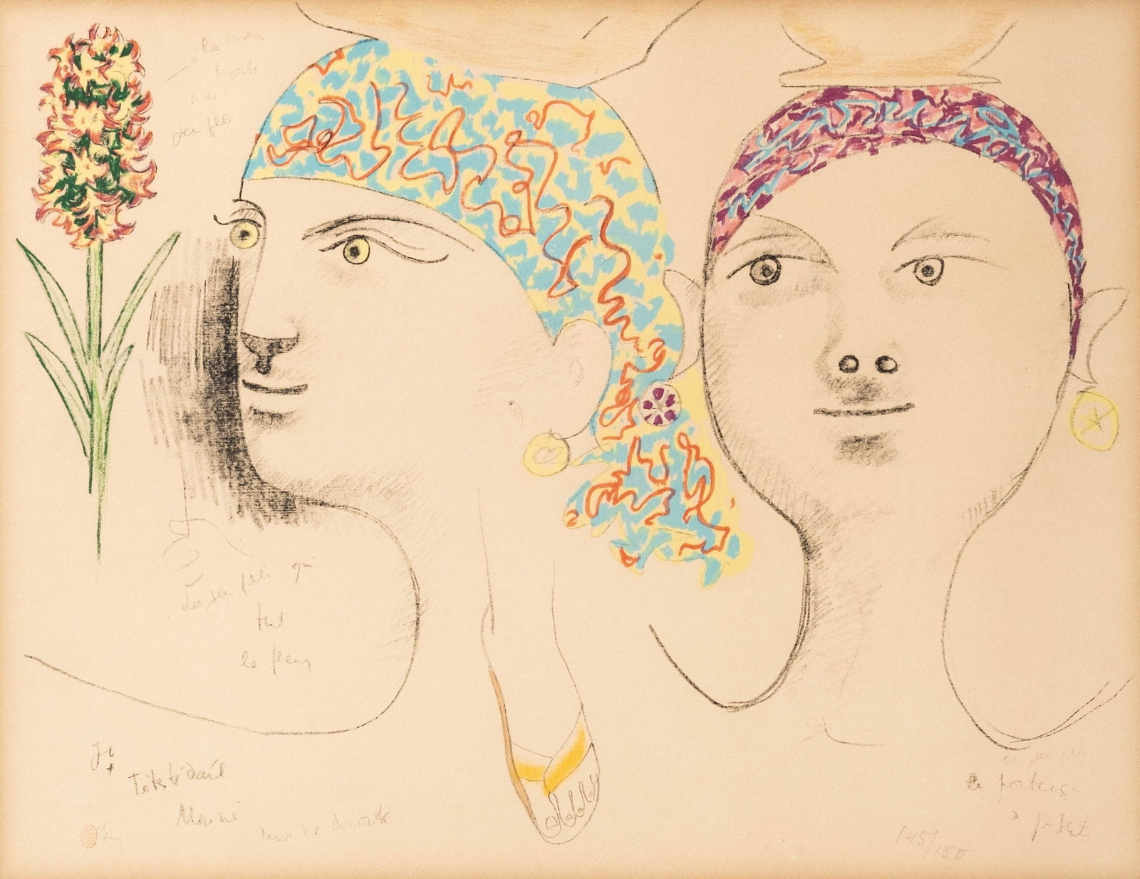 No Reserve: Jean Cocteau Signed 'Flowers' Color Lithograph, Mourlot, 145/150: Keywords: French, Modernism, Modern Art, Figurative, Portrait, Color Lithograph, Mourlot, Limited Edition, 20th Century, Avant-Garde, French School Summary: Jean Cocteau (French, 1889-1963), ‘Flower