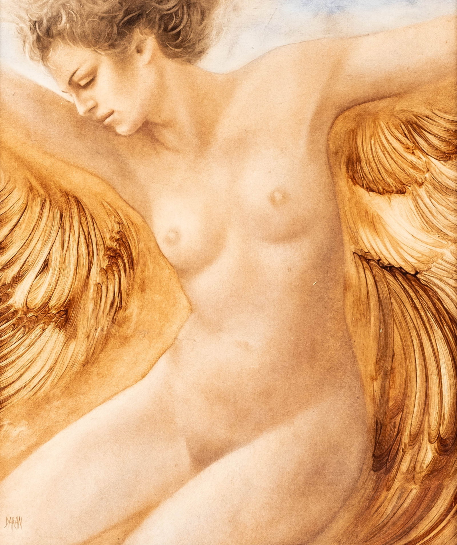 No Reserve: Gérard Daran Signed 'Winged Angel' Oil Painting: Keywords: French, Contemporary Art, Figurative, Angel, Winged Figure, Symbolist, Surrealism, Fantasy Art, Mythological, French School, 20th Century Summary: Gérard Daran (French, born 1946), ‘Winge