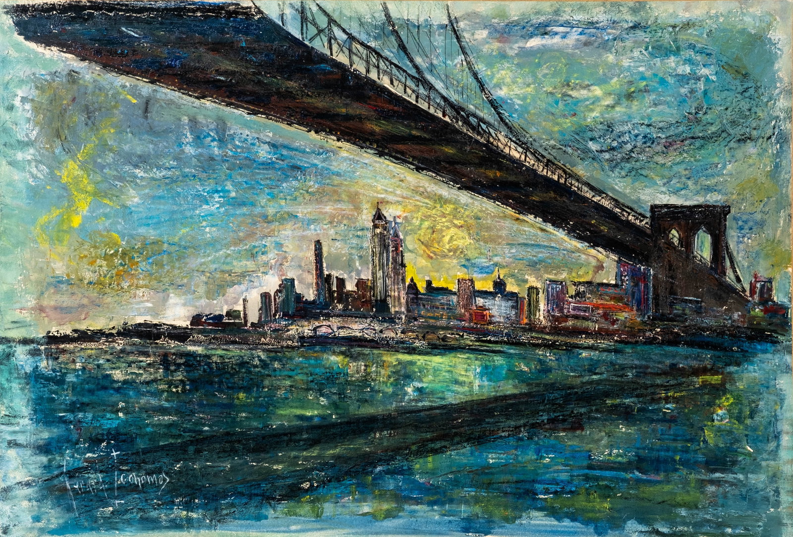 No Reserve: Gerard Economos Signed 1968 'Brooklyn Bridge' Oil Painting: Keywords: New York City, NYC, Manhattan Skyline, Brooklyn, East River, Cityscape, Urban Landscape, Modern Art, Mid Century, Expressionist, American Art, 1960s Summary: Gerard Economos, ‘Brooklyn Bri